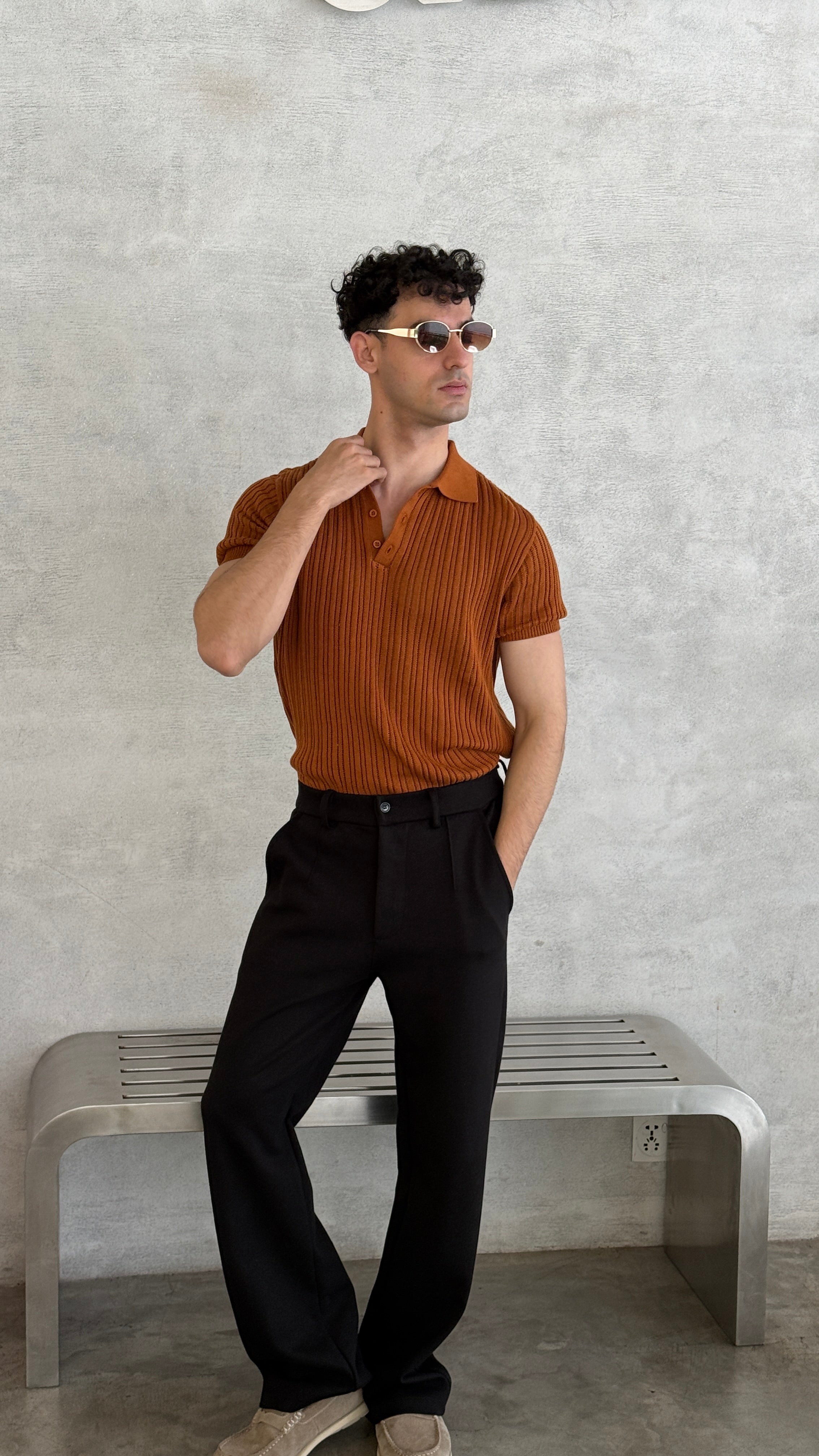 Caramel Heritage Boxy Rib Knit Polo