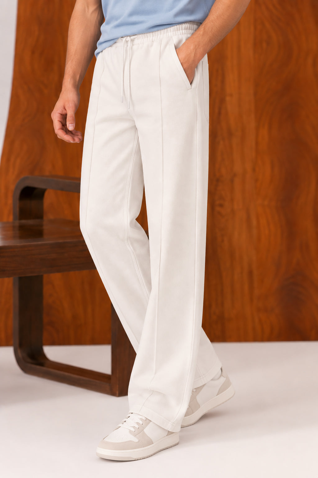 White Straight Leg Trousers - Men