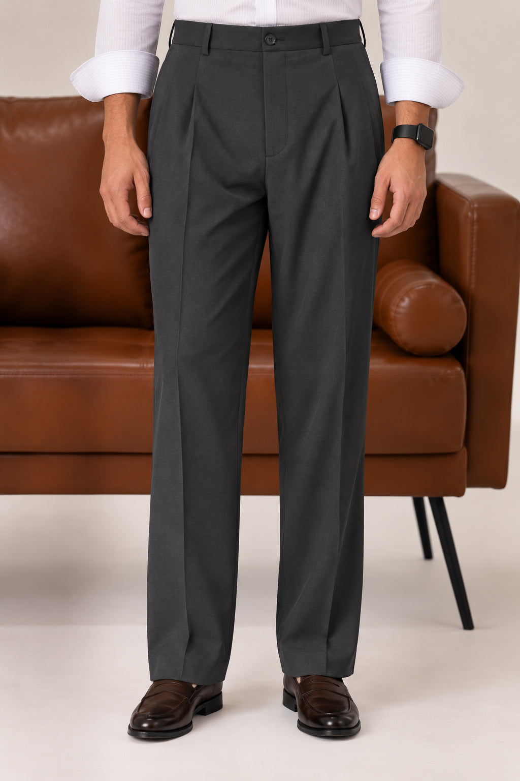 Grey Elasticated Double-Pleat Relaxed Dress Pants