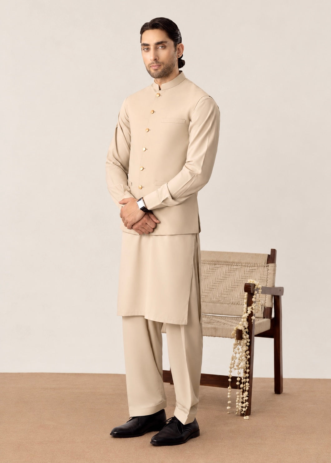 Light Beige Kurta Shalwar with Pick-Stitch Matching Waistcoat - Men