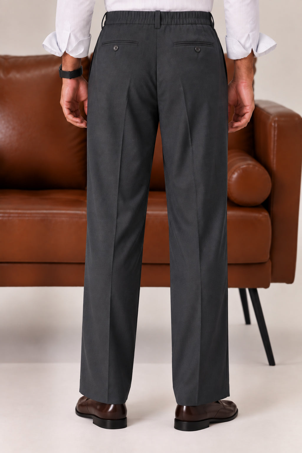 Grey Elasticated Double-Pleat Relaxed Dress Pants