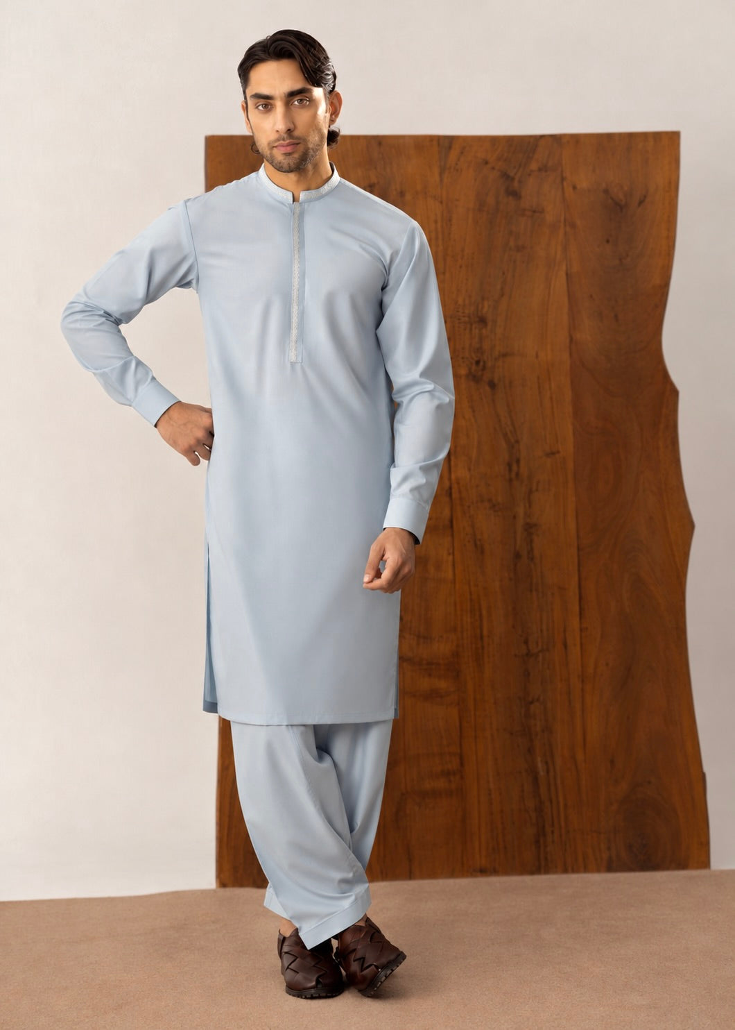 Formal Sky Blue Kurta Shalwar - Collar Neck Embroidered - Men