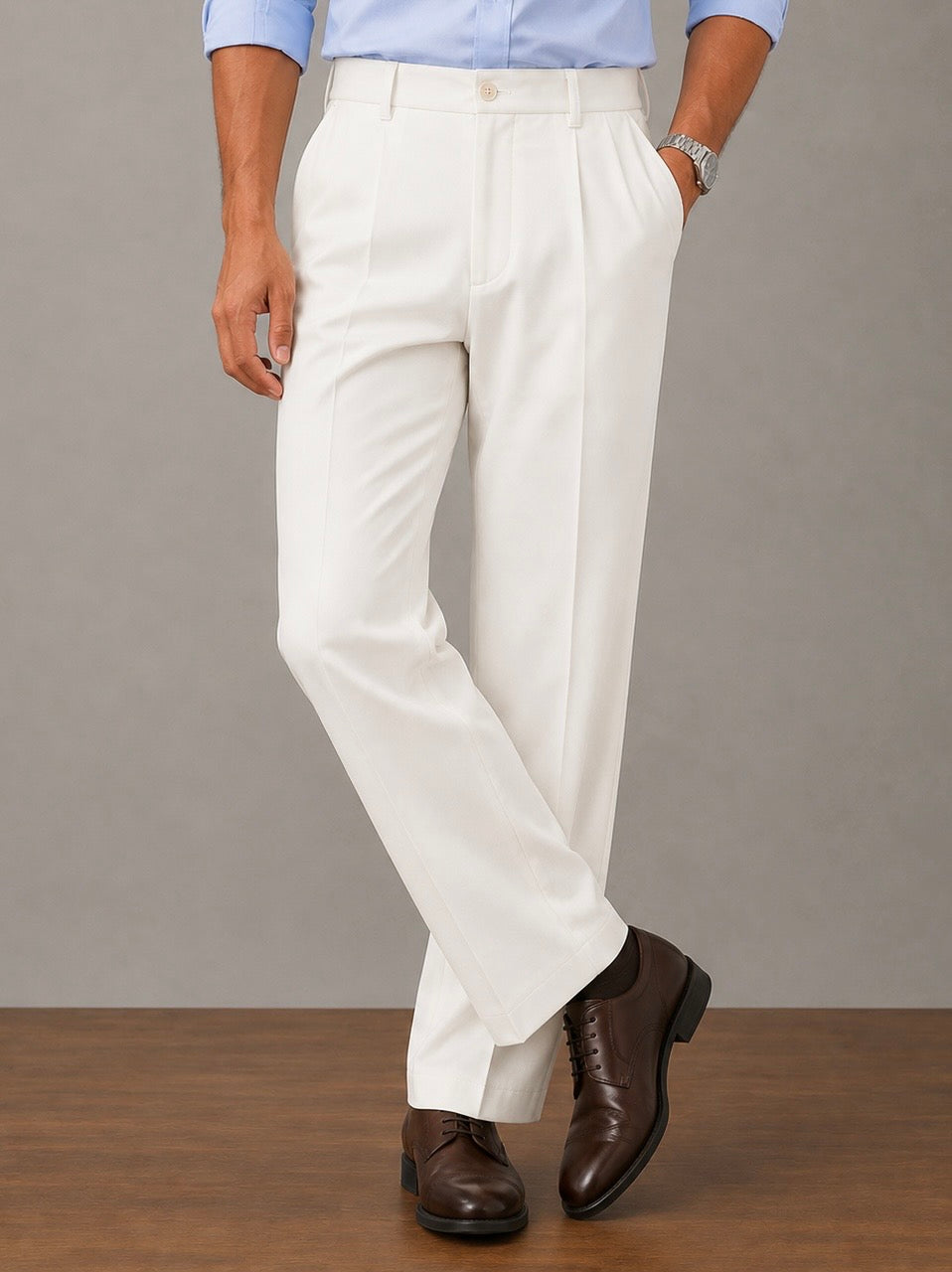 White Pleated Straight Fit Pants - Men