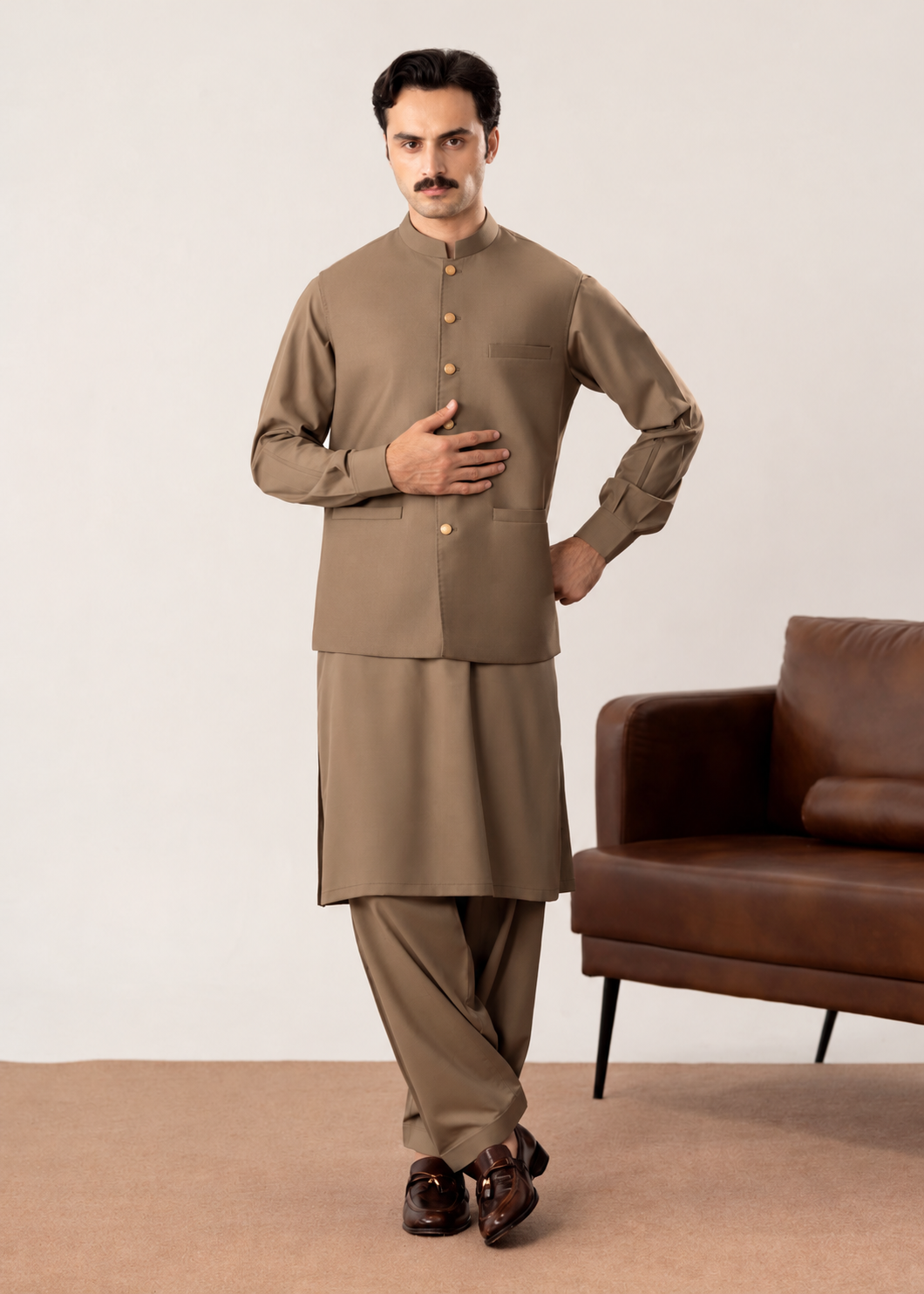 Stone Brown Kurta Shalwar with Pick-Stitch Matching Waistcoat - Men
