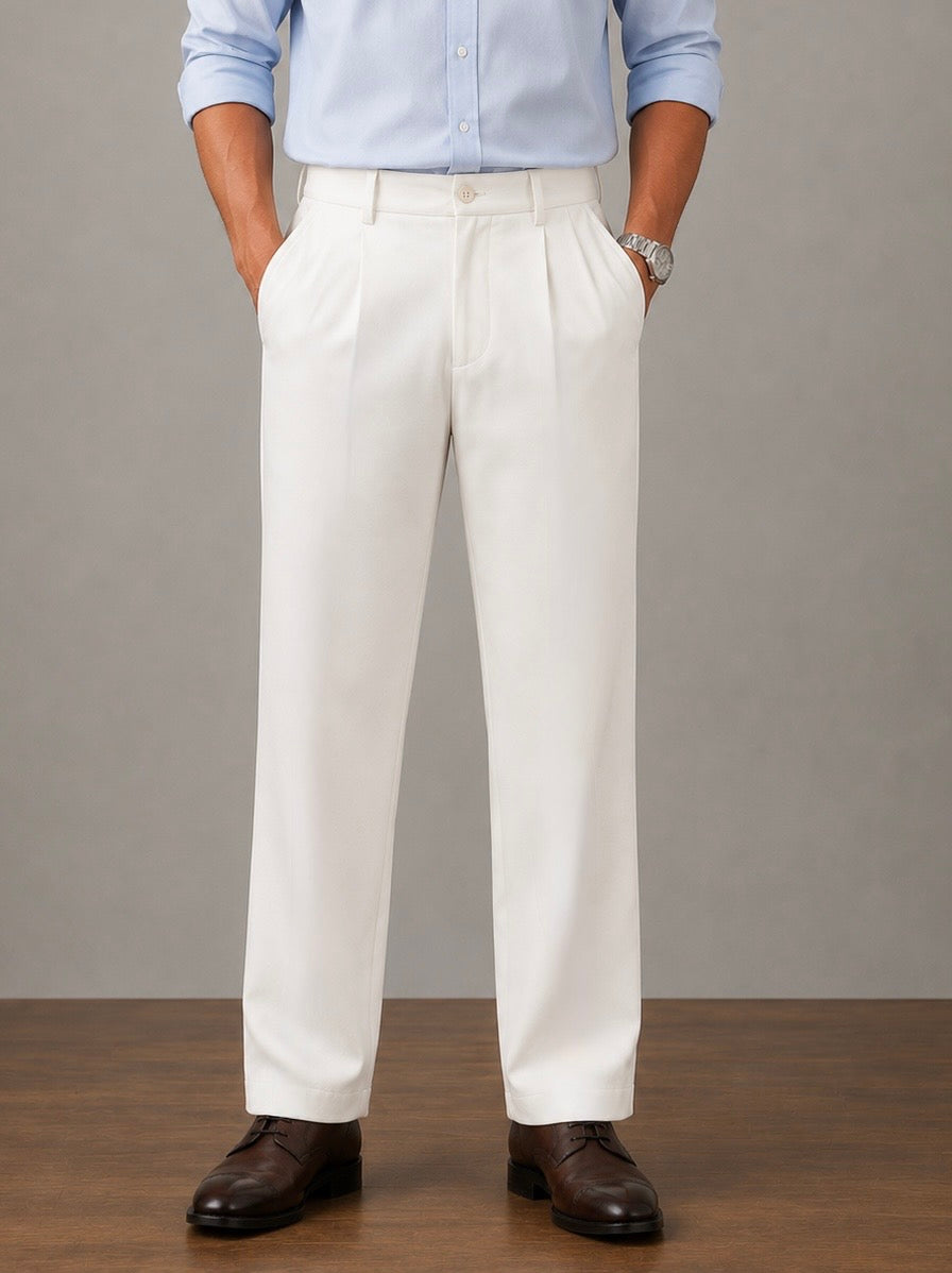 White Pleated Straight Fit Pants - Men