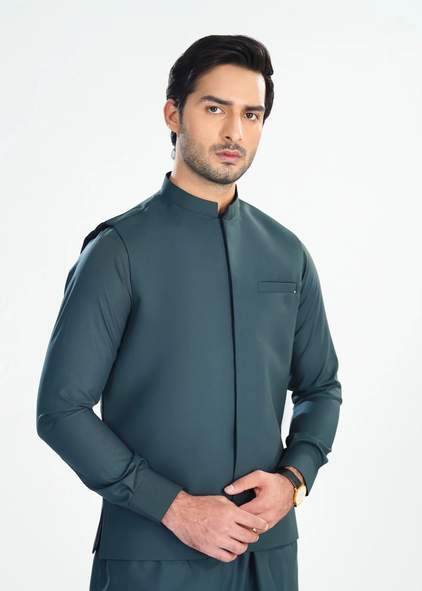 Dark Green Kameez Shalwar with Blended Waistcoat - Straight Cut - Men - Muraqsh -- Menswear