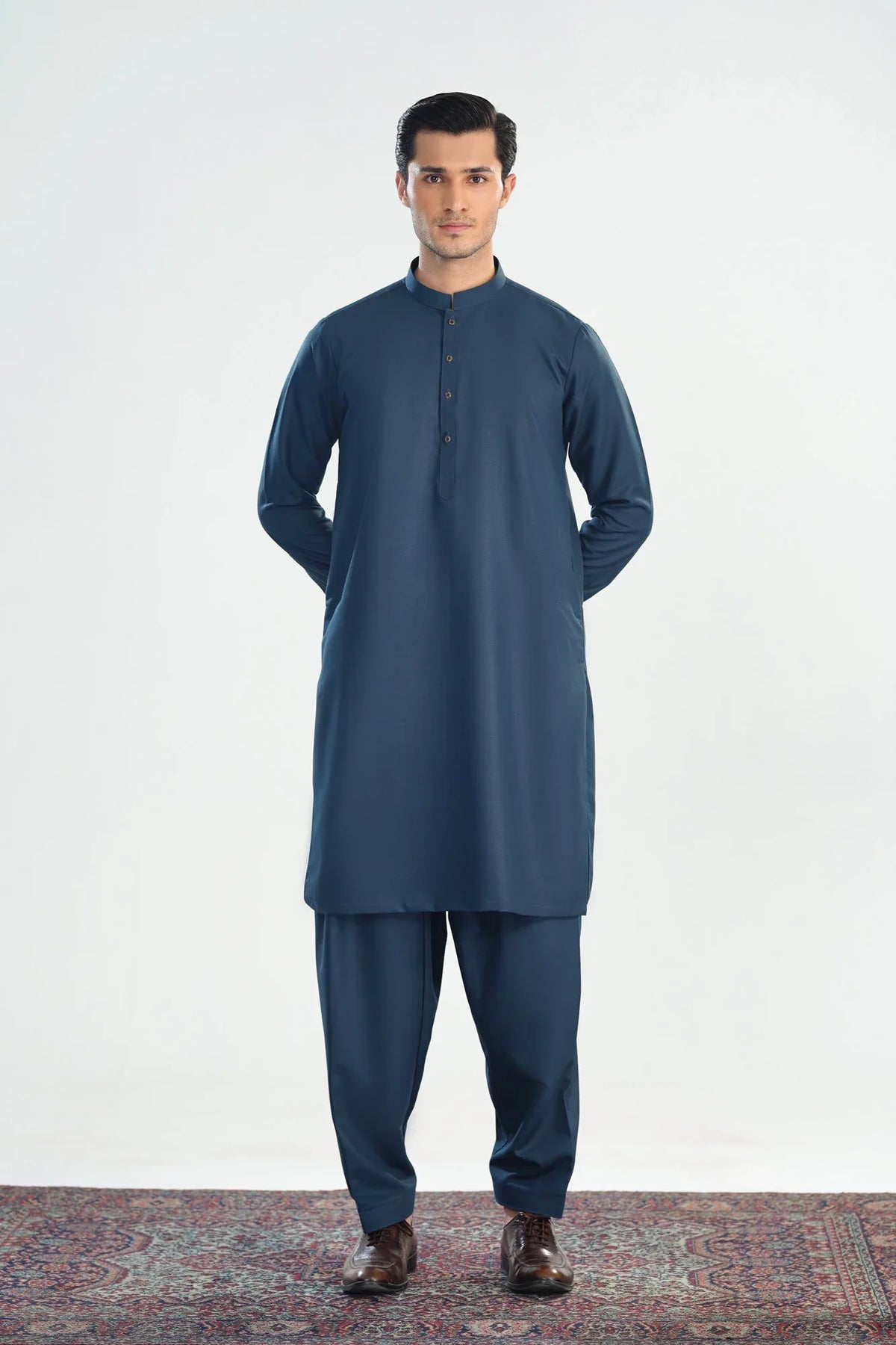 Midnight Blue Kameez Shalwar with Blended Waistcoat - A-Line Cut - Men - Muraqsh -- Menswear
