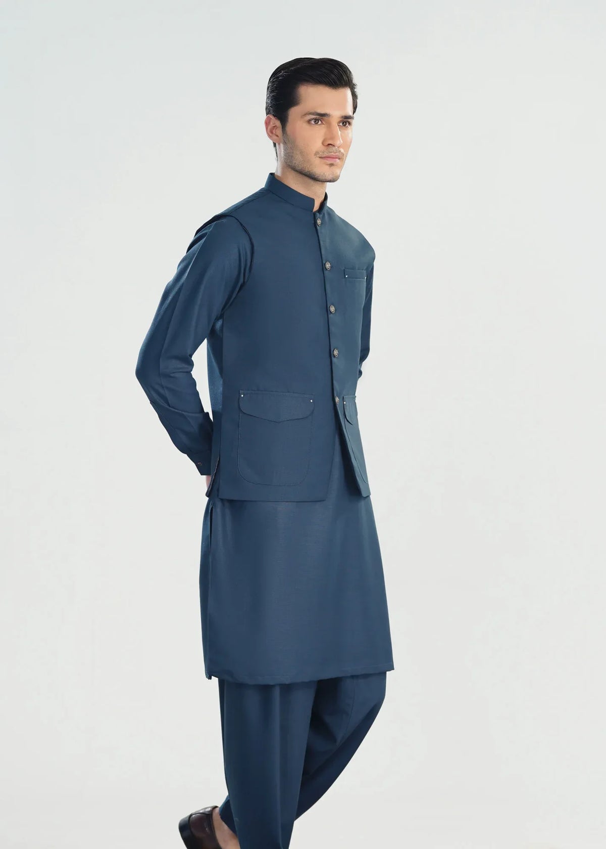 Midnight Blue Kameez Shalwar with Blended Waistcoat - A-Line Cut - Men - Muraqsh -- Menswear