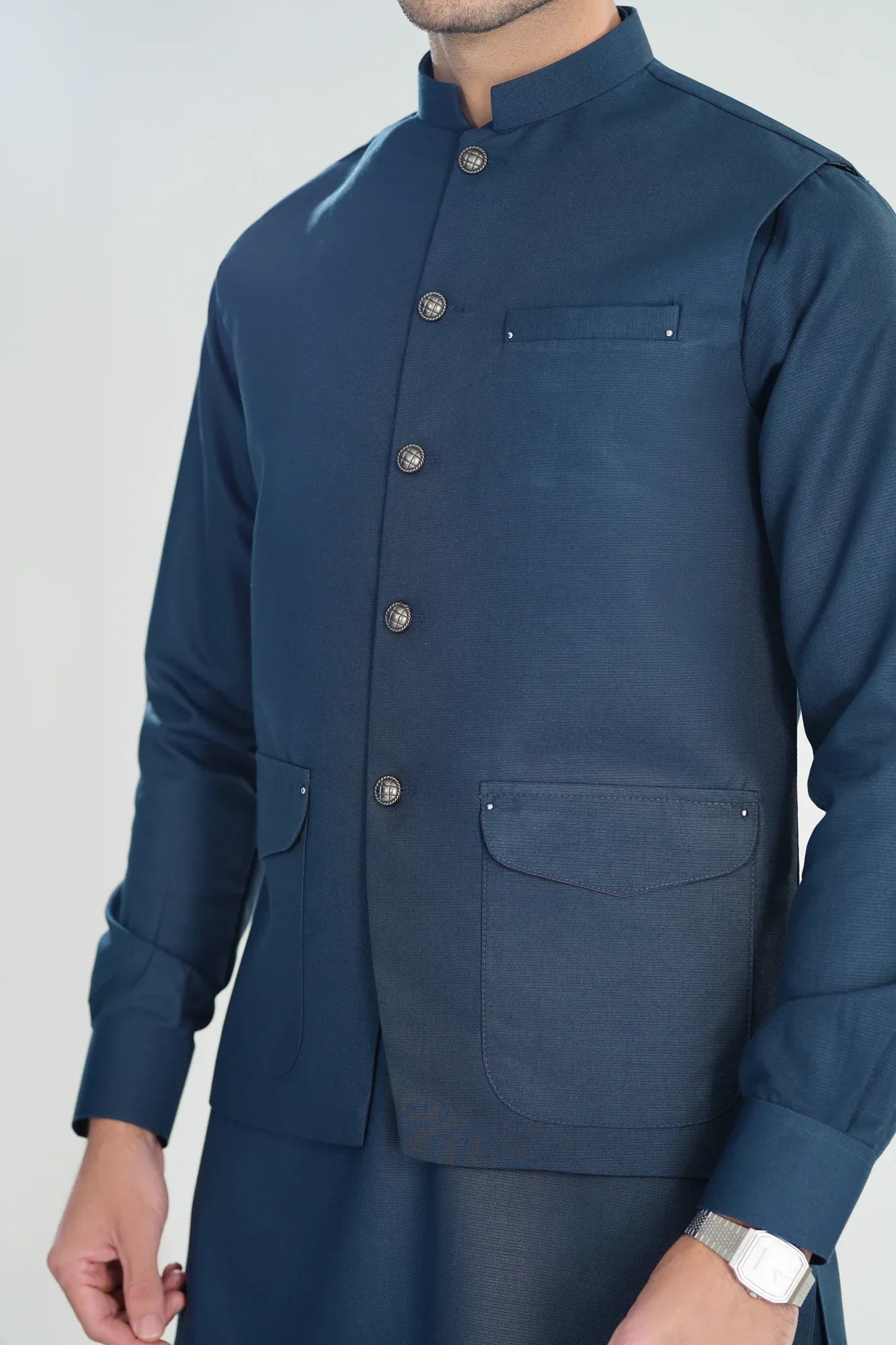 Midnight Blue Kameez Shalwar with Blended Waistcoat - A-Line Cut - Men - Muraqsh -- Menswear