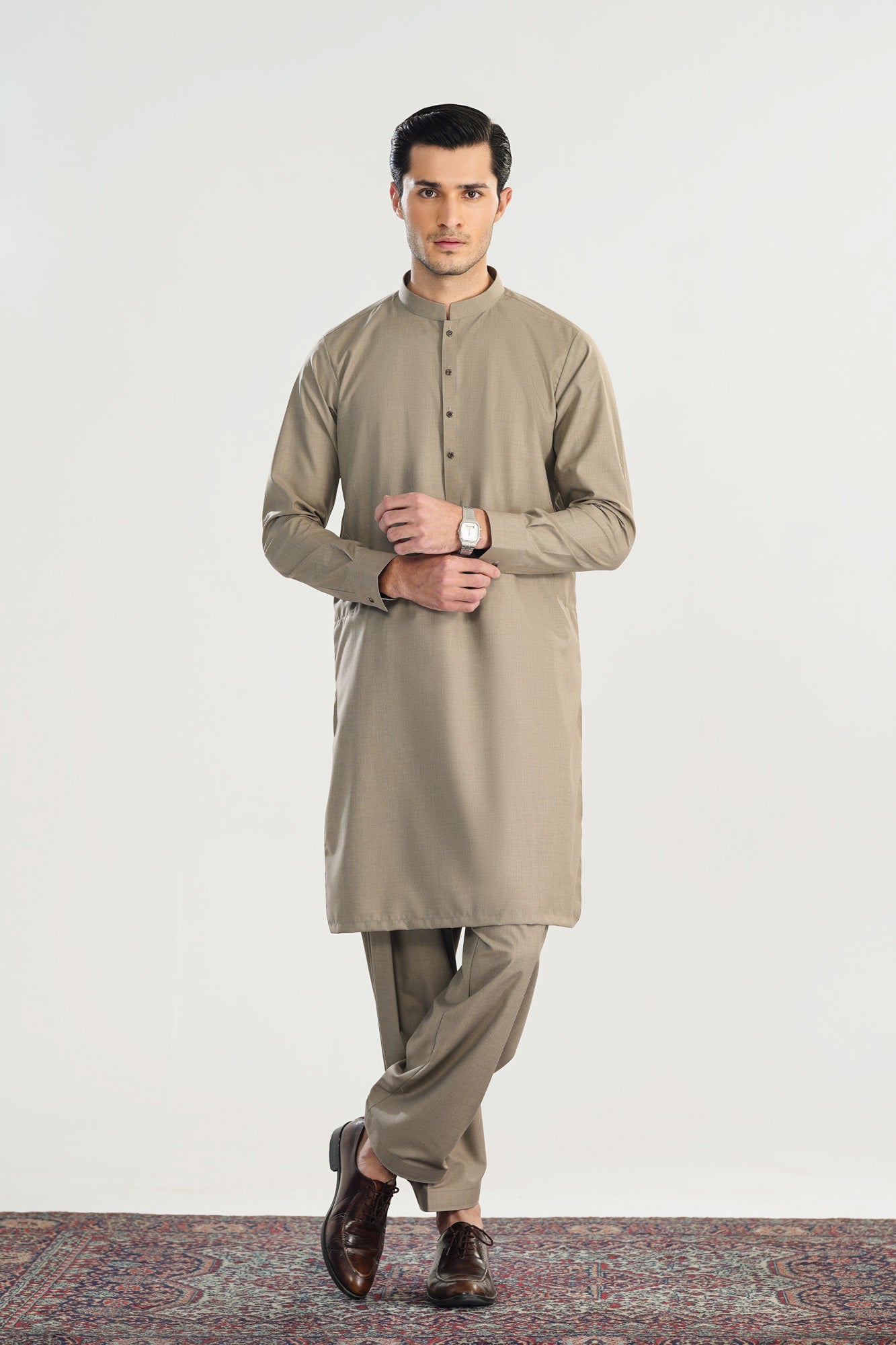 Sand Beige Blended Suiting Kameez Shalwar - Men - Men