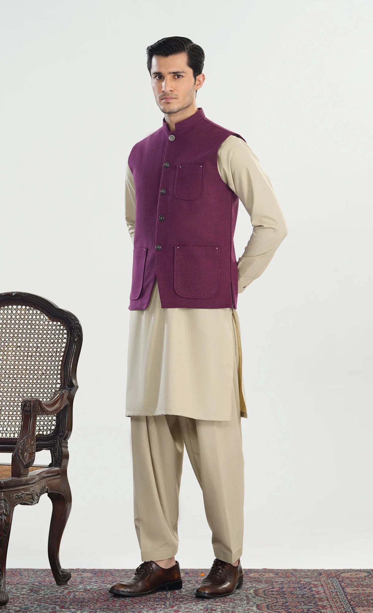 Plum Handloomed Khaddar Waistcoat - A-Line Cut - Men - Muraqsh -- Menswear