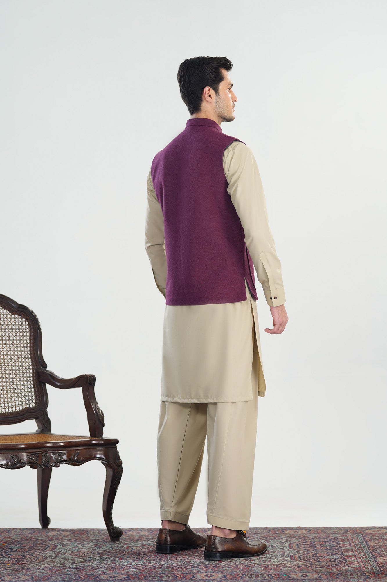Bisque Kurta Shalwar with Plum Khaddar Waistcoat - A-Line Cut - Men - Men