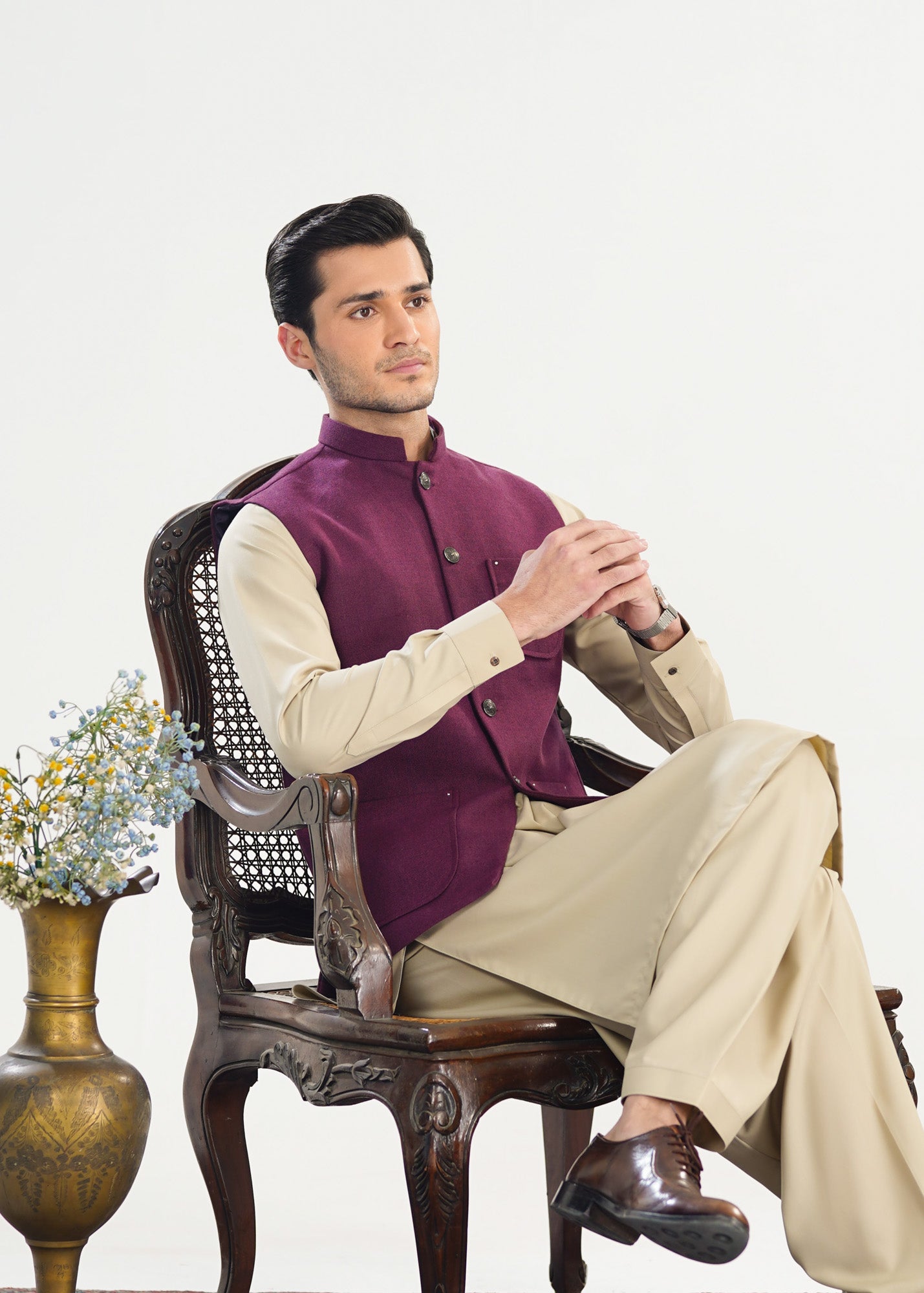 Bisque Kurta Shalwar with Plum Khaddar Waistcoat - A-Line Cut - Men - Men