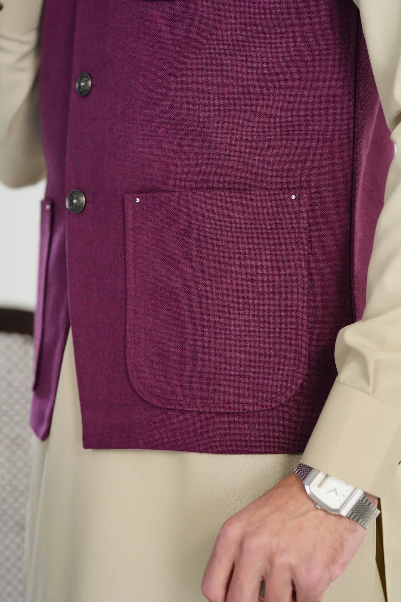 Plum Handloomed Khaddar Waistcoat - A-Line Cut - Men - Muraqsh -- Menswear