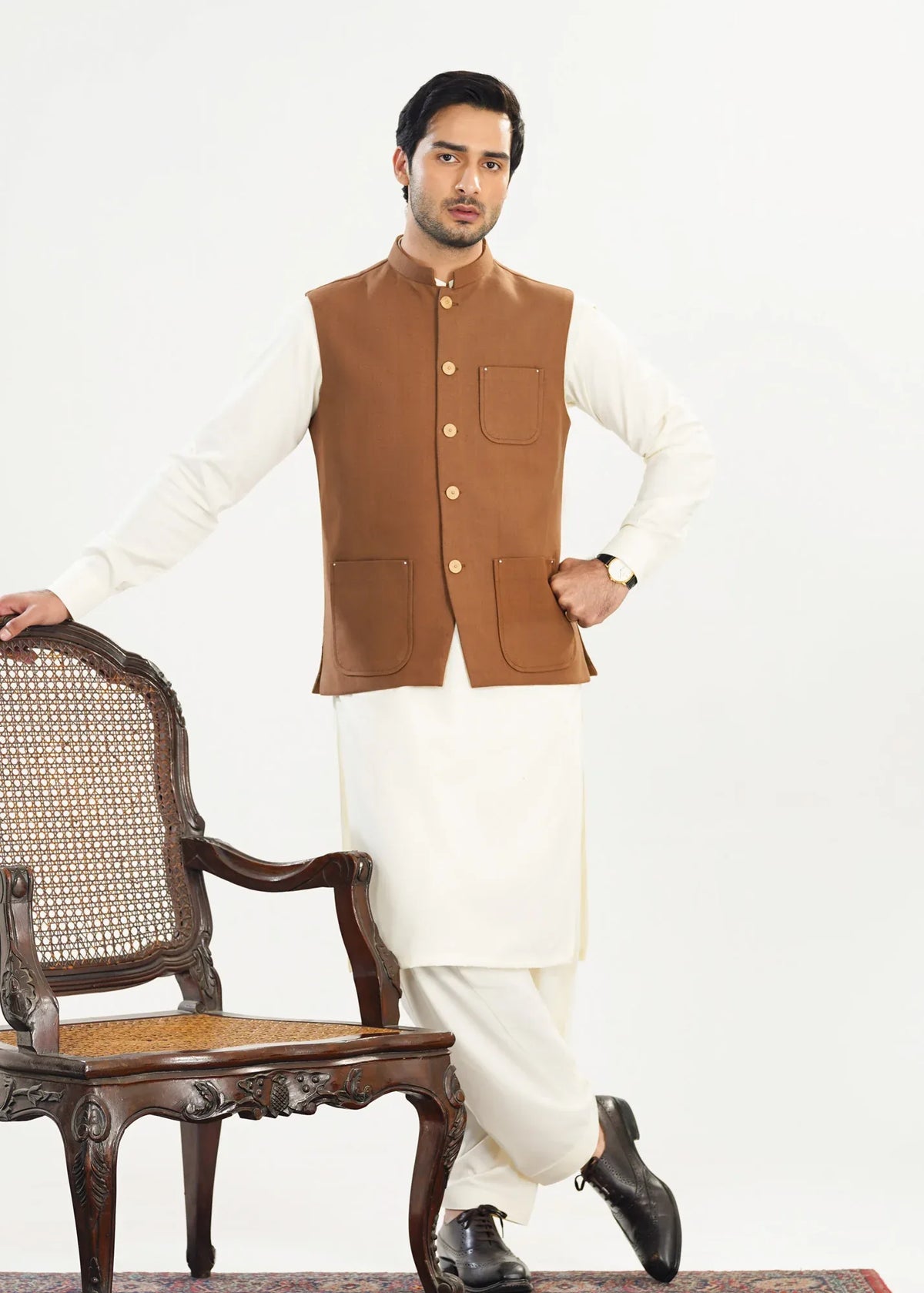 Bosky White Kurta Shalwar with Camel Khaddar Waistcoat - A-Line Cut - Men - Muraqsh -- Menswear