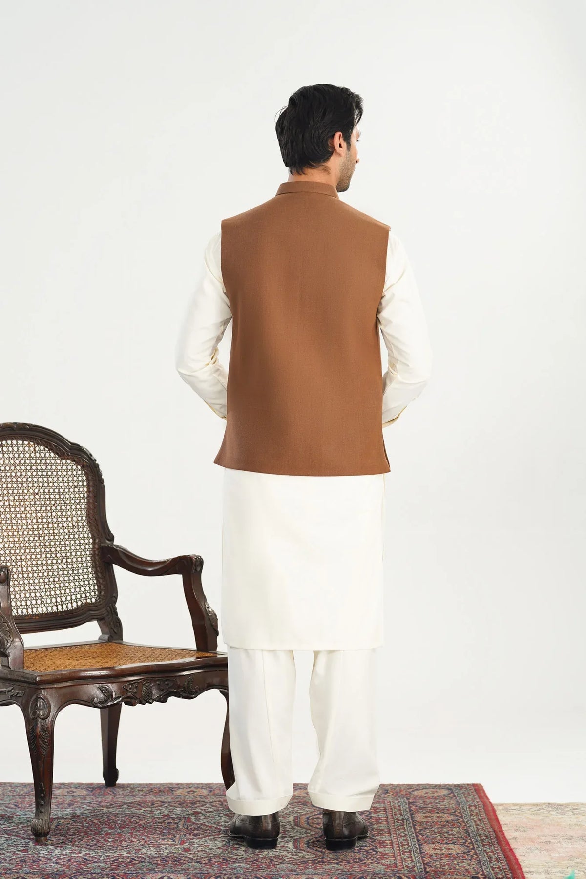 Bosky White Kurta Shalwar with Camel Khaddar Waistcoat - A-Line Cut - Men - Muraqsh -- Menswear