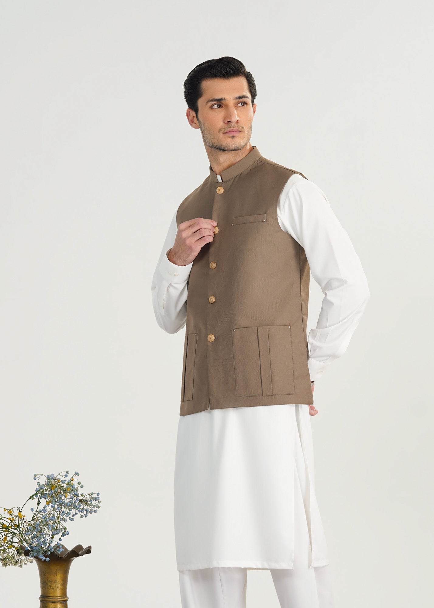 Off White Kurta Shalwar with Sand Beige Suiting Waistcoat - Straight Cut - Men - Men