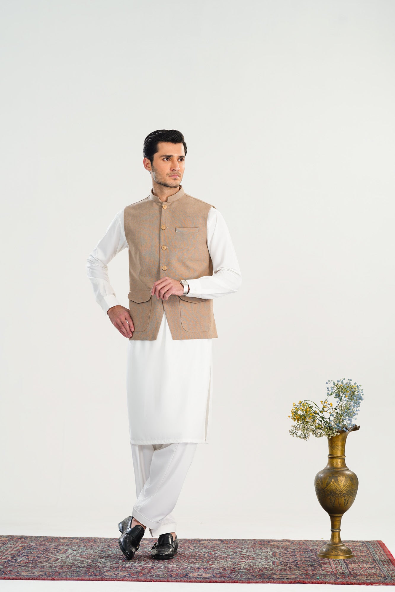 Off White Kurta Shalwar with Beige Khaddar Waistcoat - A-Line Cut - Men - Men