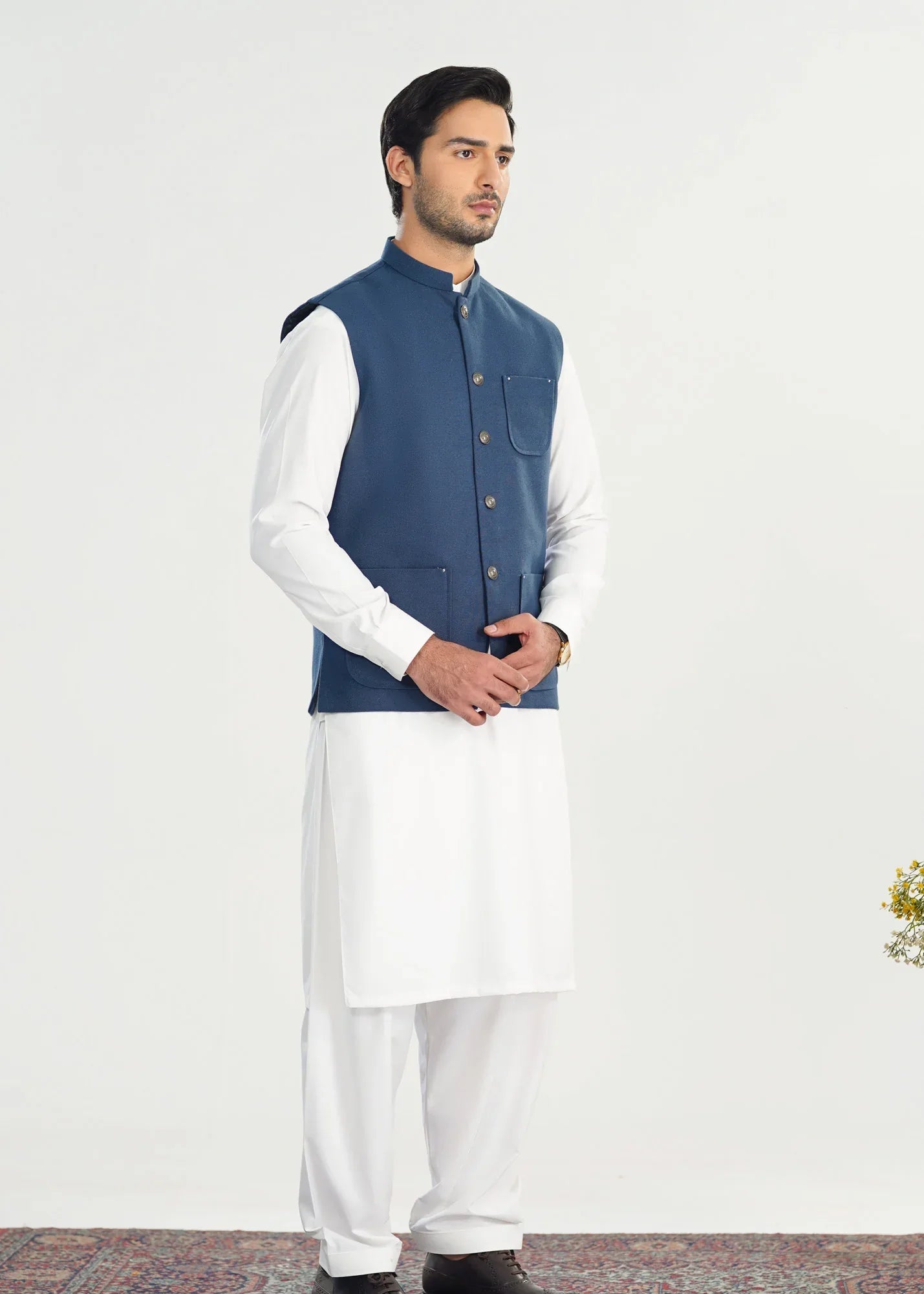 Navy Blue Handloomed Khaddar Waistcoat - A-Line Cut - Men - Muraqsh -- Menswear
