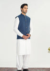 Off White Kurta Shalwar with Navy Blue Khaddar Waistcoat - A-Line Cut - Men - Muraqsh -- Menswear