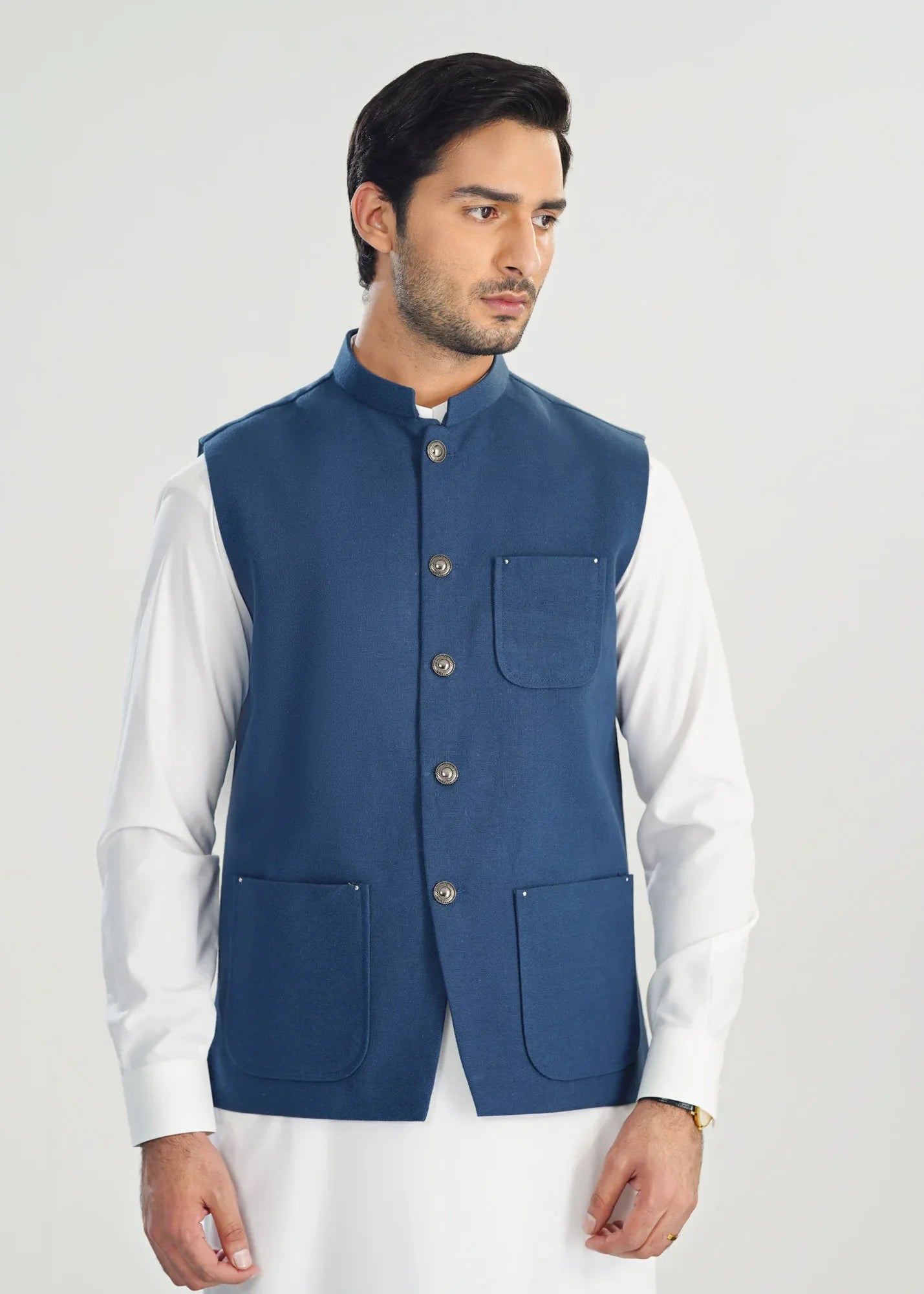 Navy Blue Handloomed Khaddar Waistcoat - A-Line Cut - Men - Muraqsh -- Menswear