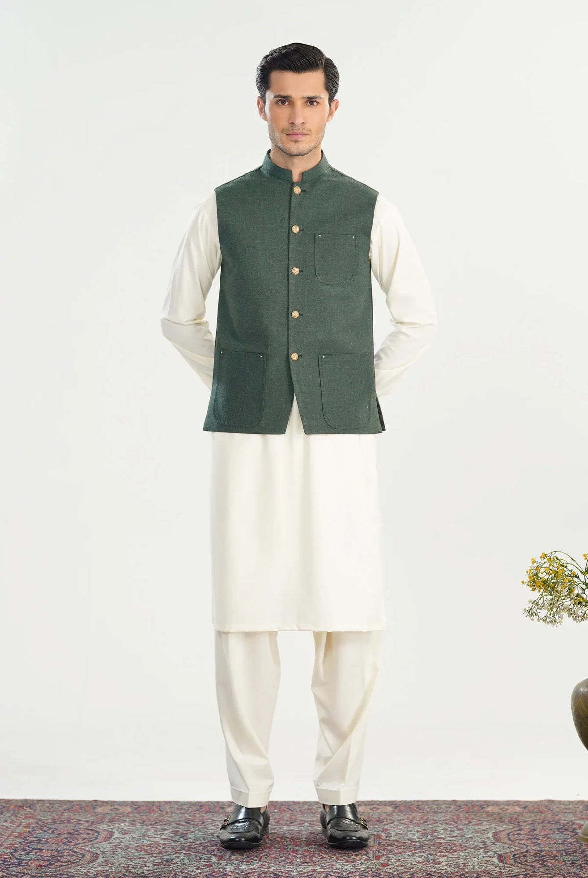 Bosky White Kurta Shalwar with Army Green Wool Waistcoat - A-Line Cut - Men - Muraqsh -- Menswear