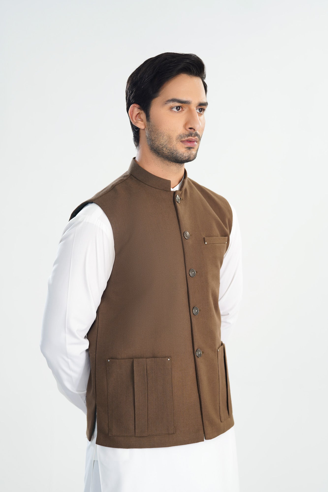 Off White Kurta Shalwar with Olive Brown Khaddar Waistcoat - Straight Cut - Men - Men