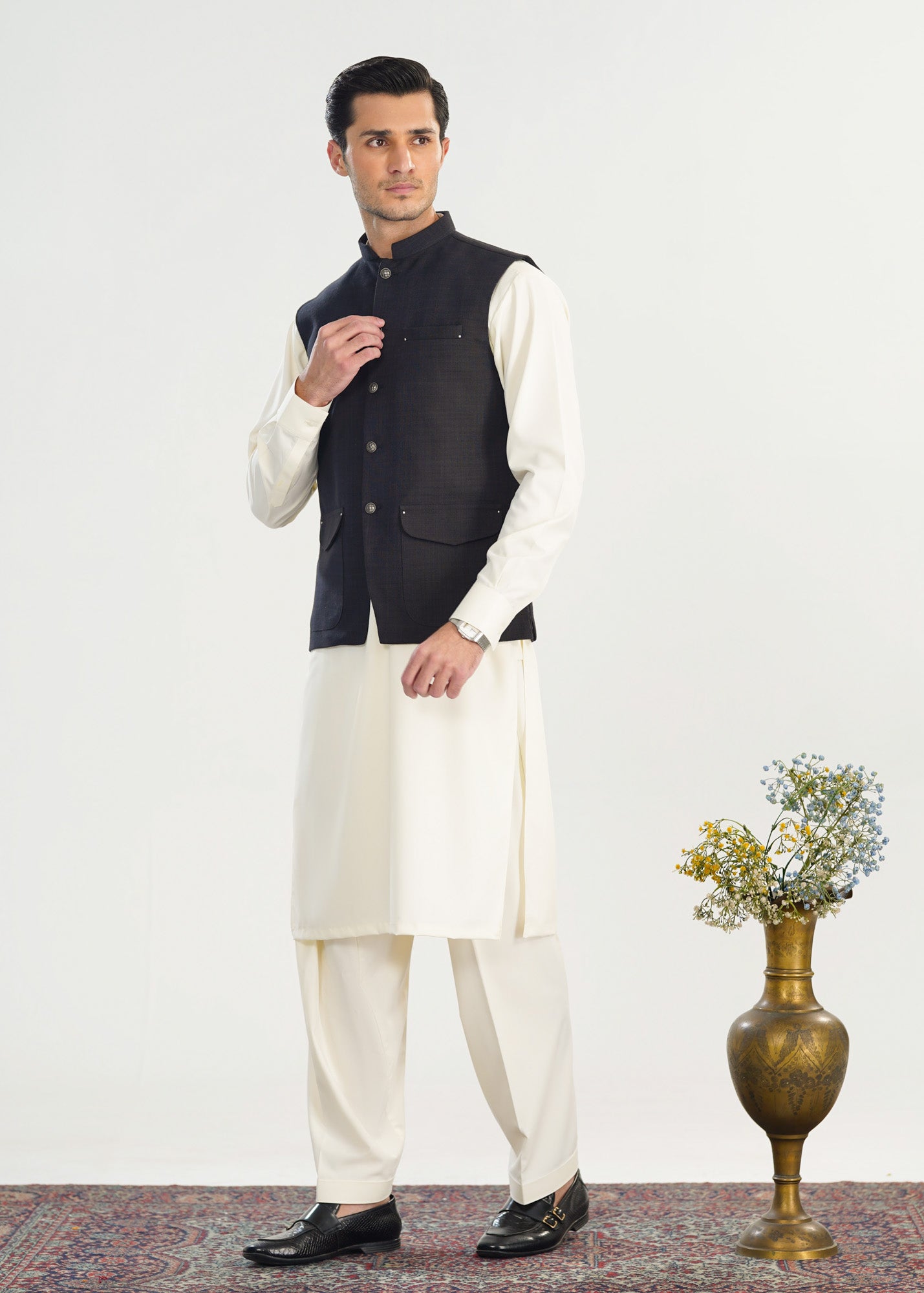 Bosky White Kurta Shalwar with Black Khaddar Waistcoat - A-Line Cut - Men - Men