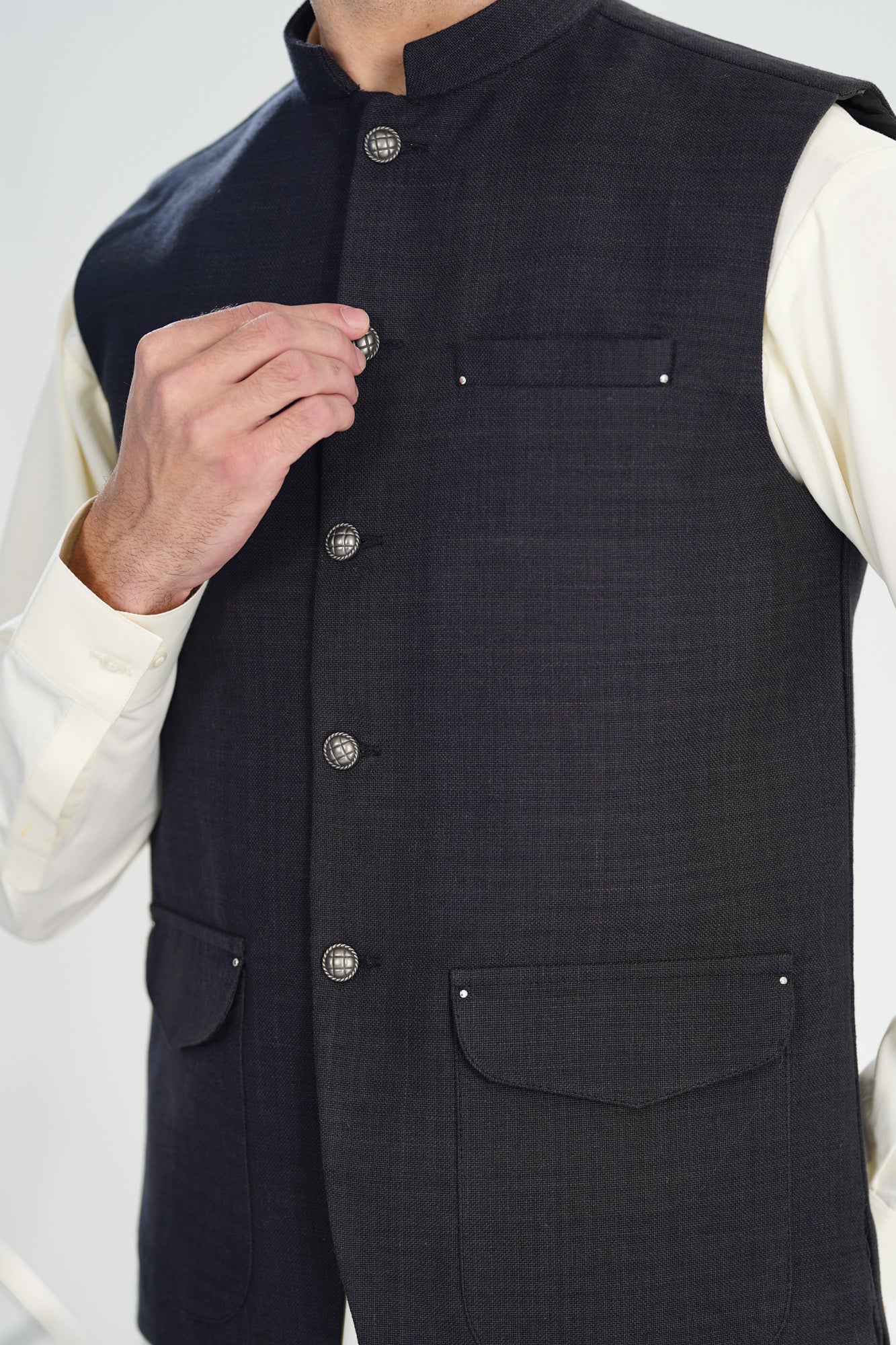 Bosky White Kurta Shalwar with Black Khaddar Waistcoat - A-Line Cut - Men - Men