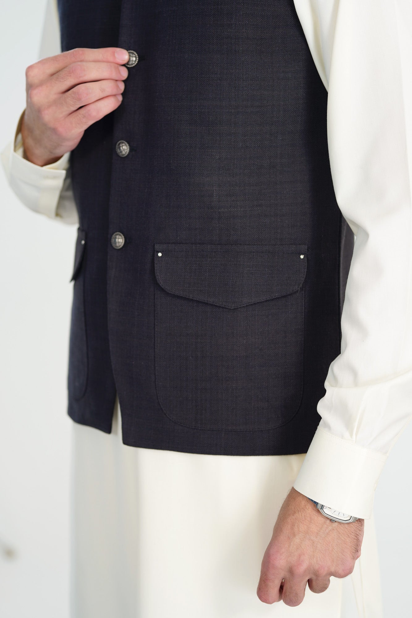 Bosky White Kurta Shalwar with Black Khaddar Waistcoat - A-Line Cut - Men - Men