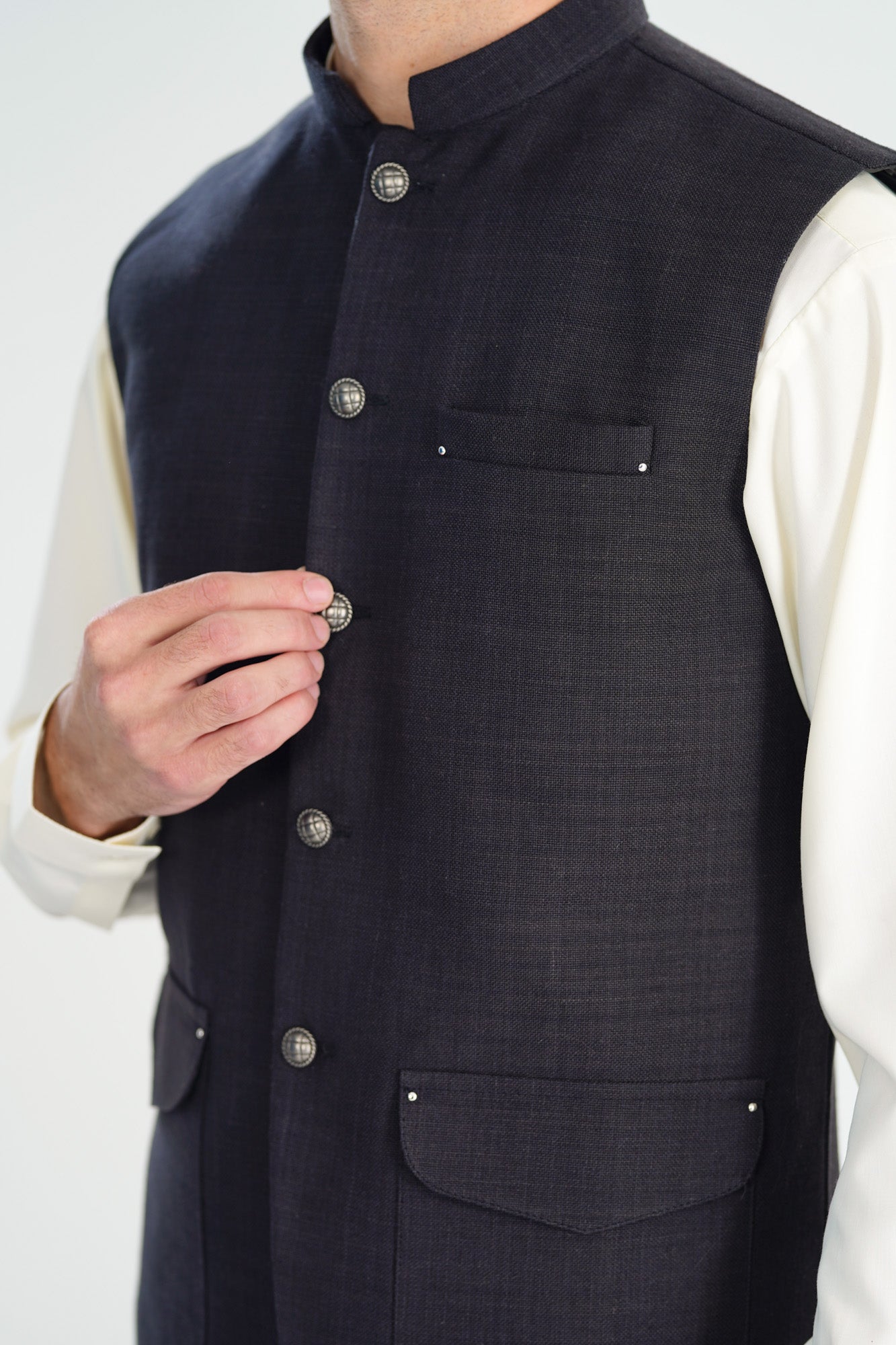 Bosky White Kurta Shalwar with Black Khaddar Waistcoat - A-Line Cut - Men - Men