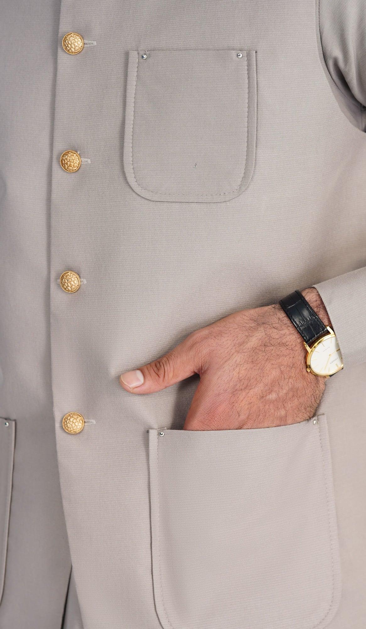 Dull Nude Kameez Shalwar with Blended Waistcoat - A-Line Cut - Men - Muraqsh -- Menswear
