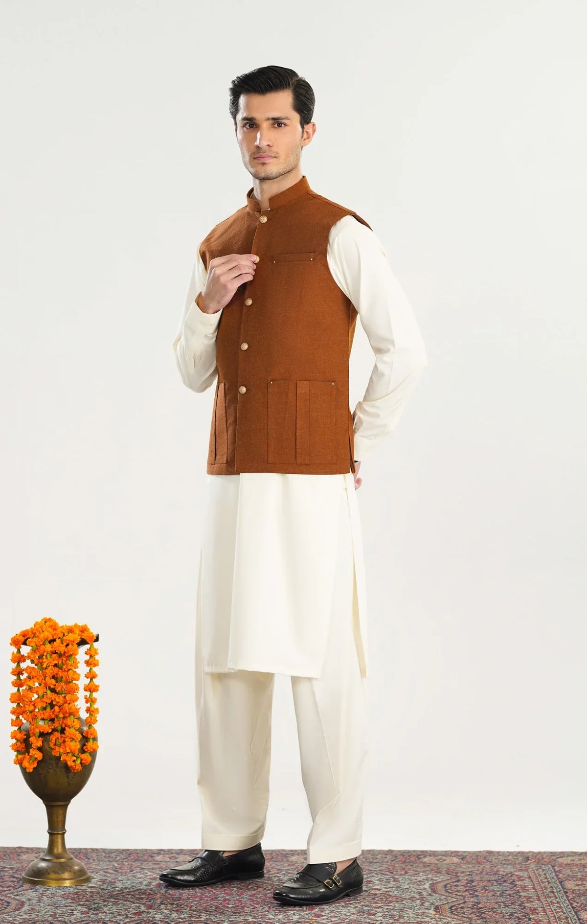 Bosky White Kurta Shalwar with Caramel Wool Waistcoat - Straight Cut - Men - Muraqsh -- Menswear