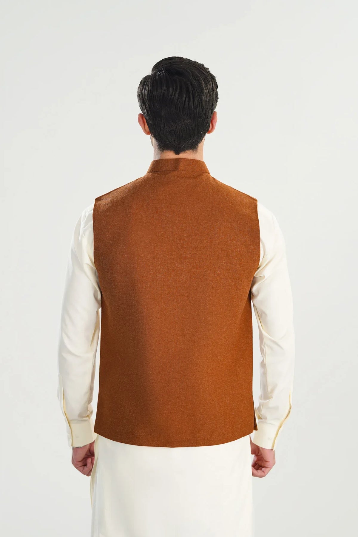 Bosky White Kurta Shalwar with Caramel Wool Waistcoat - Straight Cut - Men - Muraqsh -- Menswear