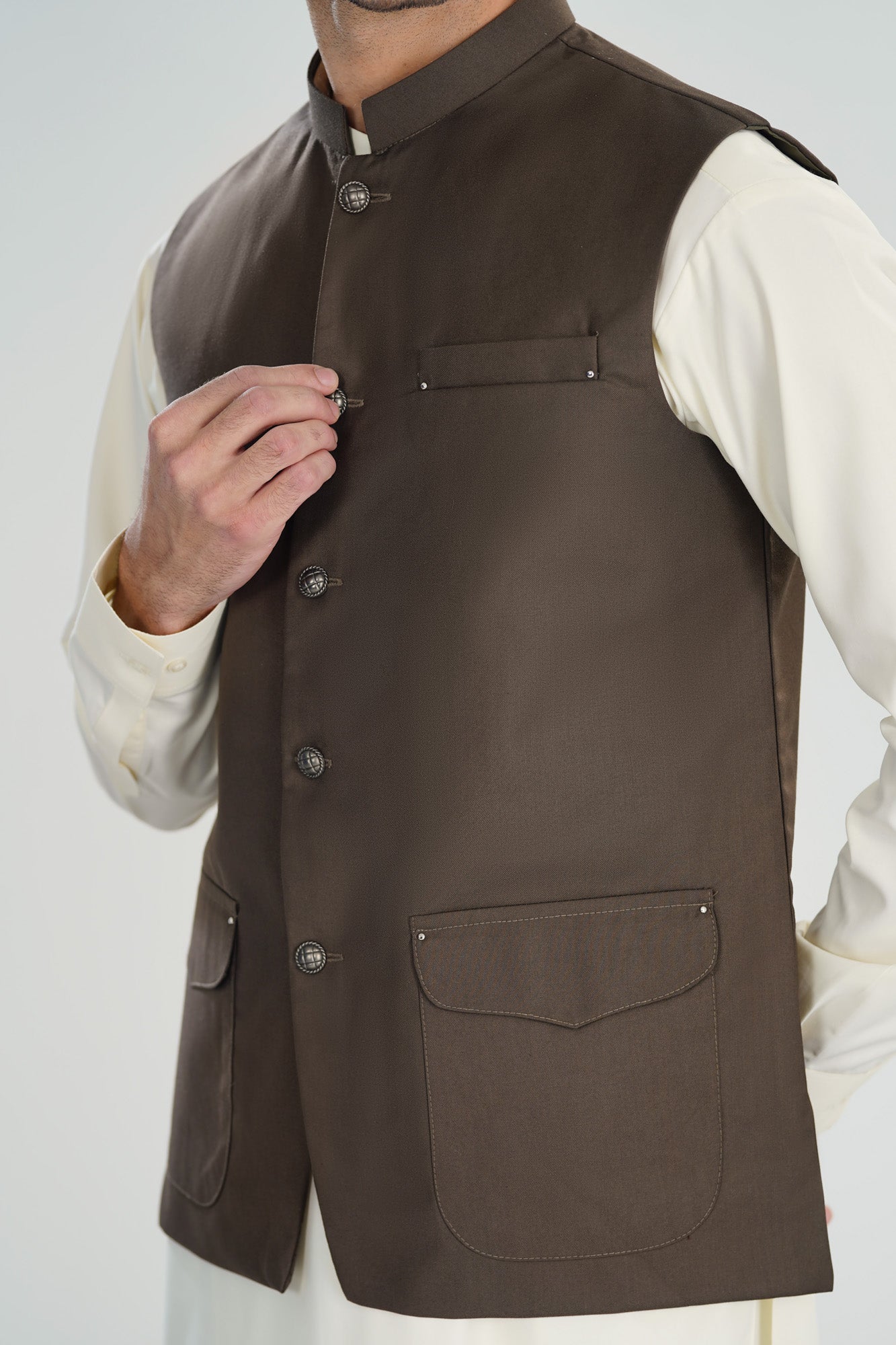 Bosky White Kurta Shalwar with Taupe Suiting Waistcoat - Straight Cut - Men - Men