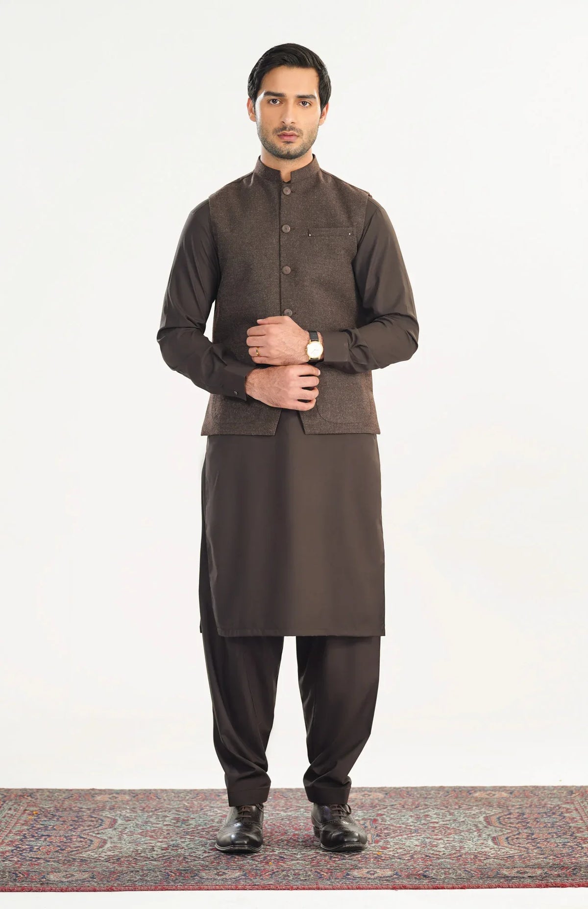 Brown Kurta Shalwar with Wool Waistcoat - A-Line Cut - Men - Muraqsh -- Menswear
