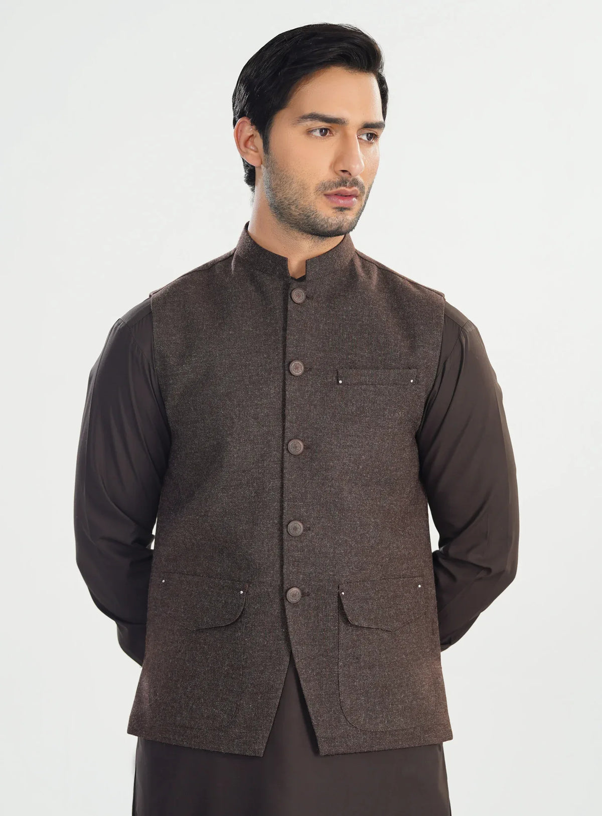 Brown Kurta Shalwar with Wool Waistcoat - A-Line Cut - Men - Muraqsh -- Menswear