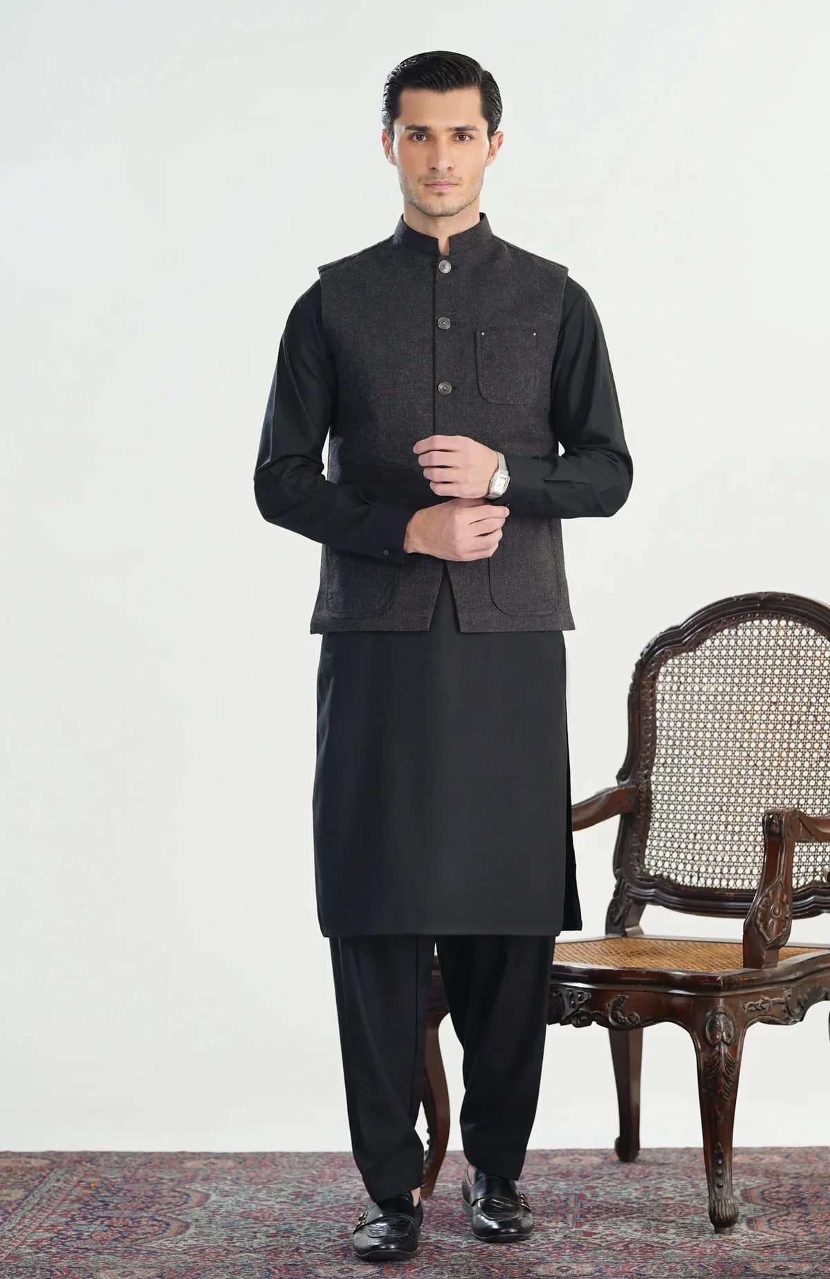 Black Kurta Shalwar with Wool Waistcoat - A-Line Cut - Men - Muraqsh -- Menswear