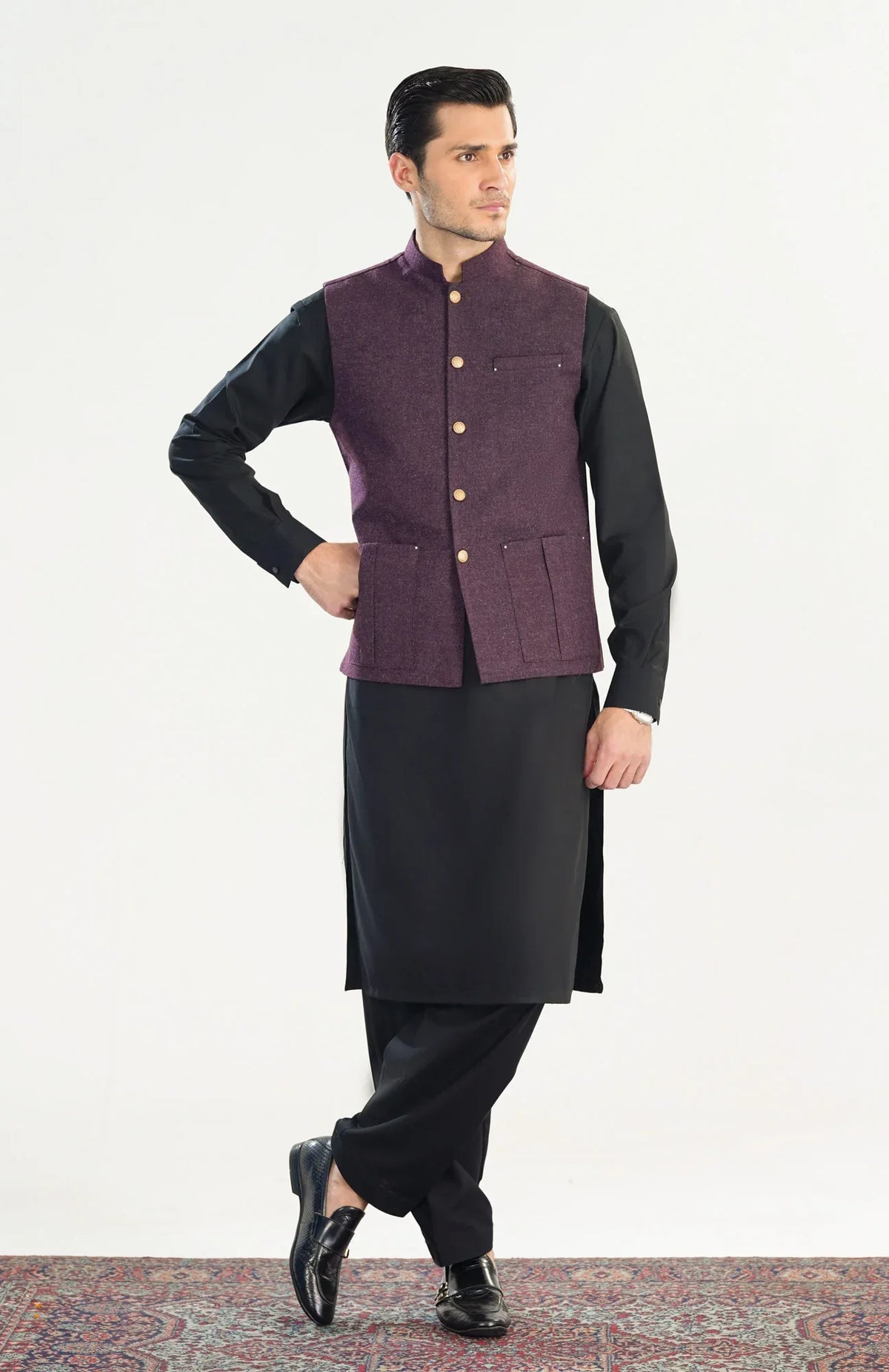 Black Kurta Shalwar with Dark Purple Wool Waistcoat - Straight Cut - Men - Muraqsh -- Menswear