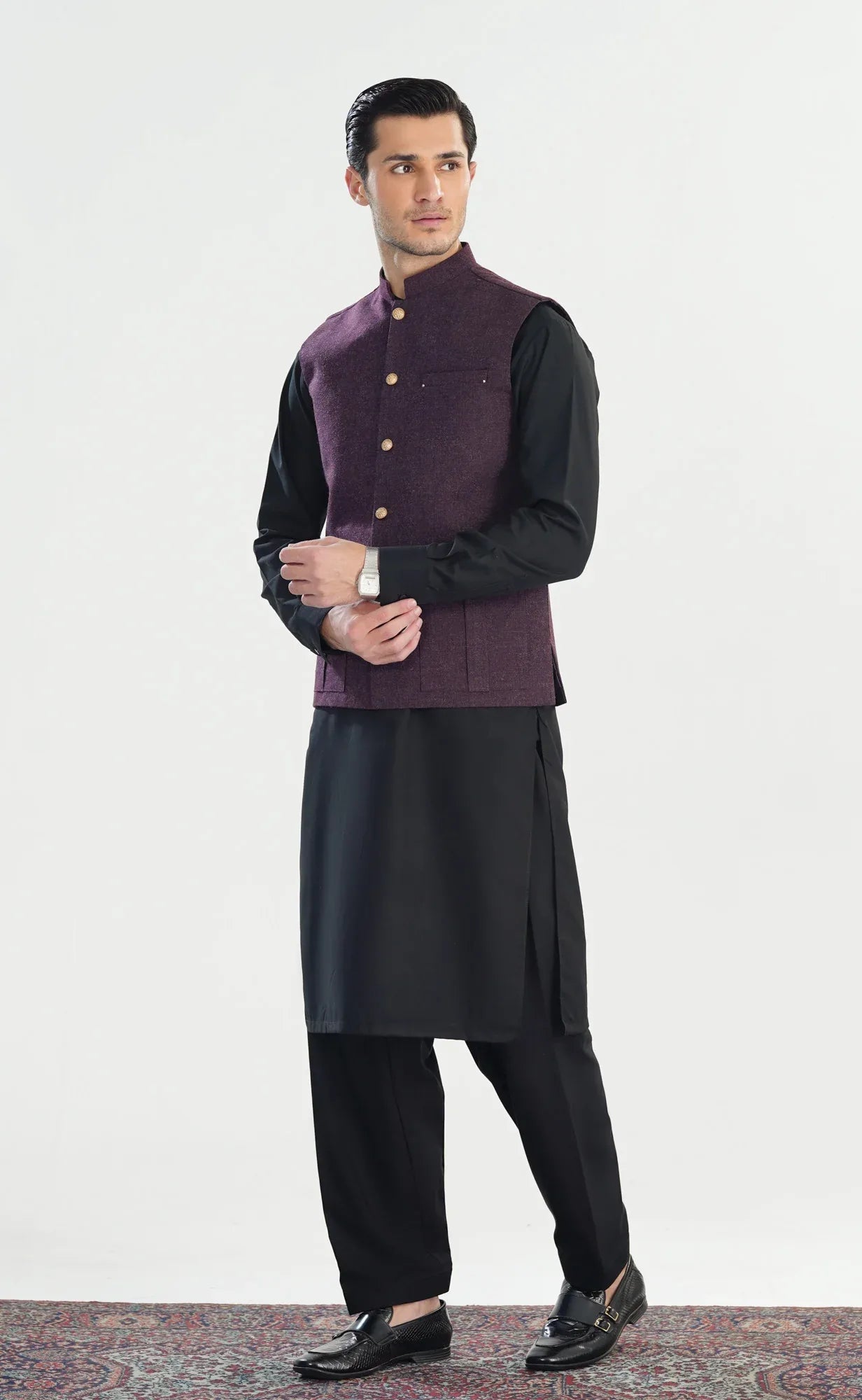 Dark Purple Wool Waistcoat - Straigth Cut - Men - Muraqsh -- Menswear