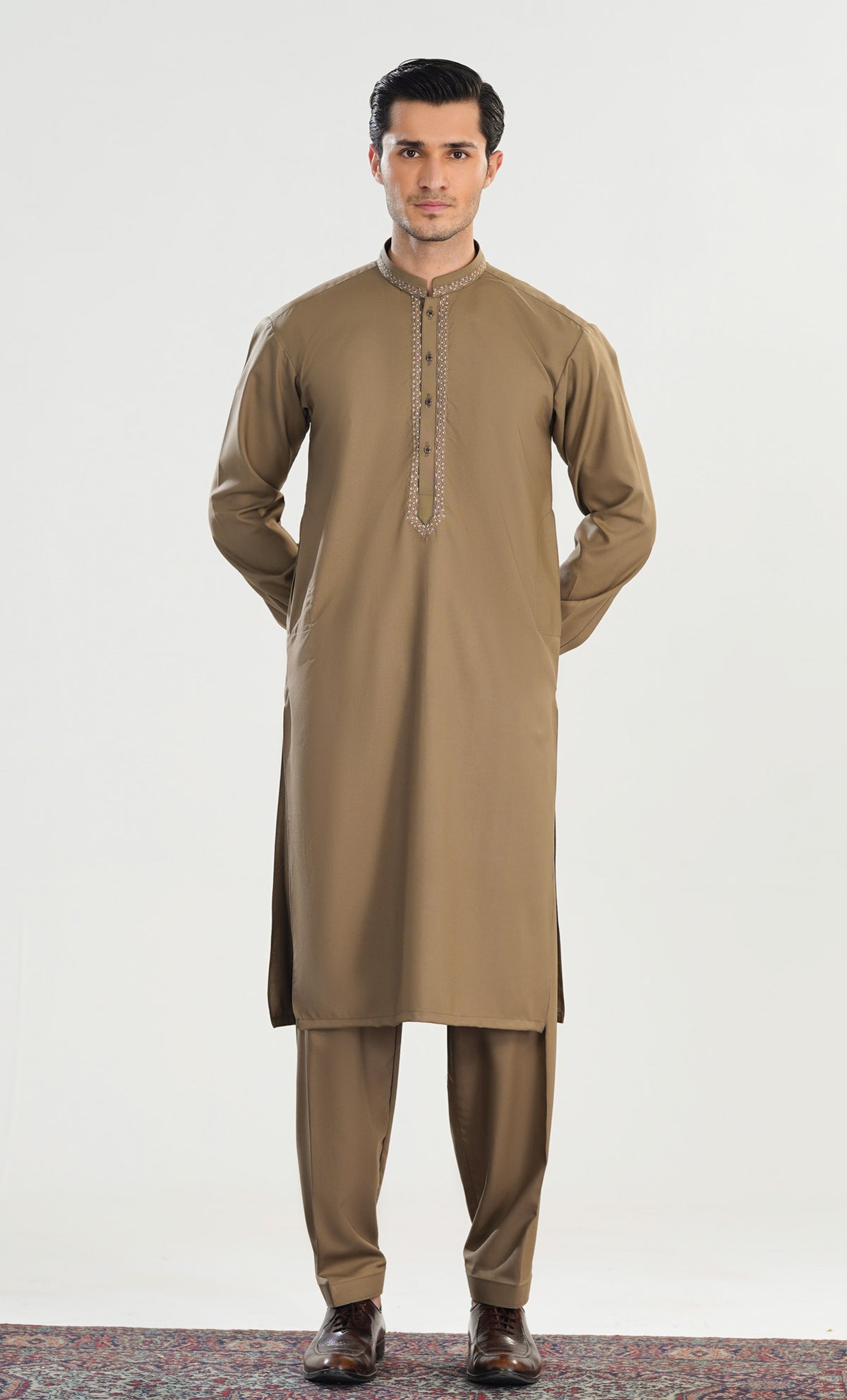 Formal Sand Beige Kurta Shalwar - Collar Neck Embroidered - Men - Men