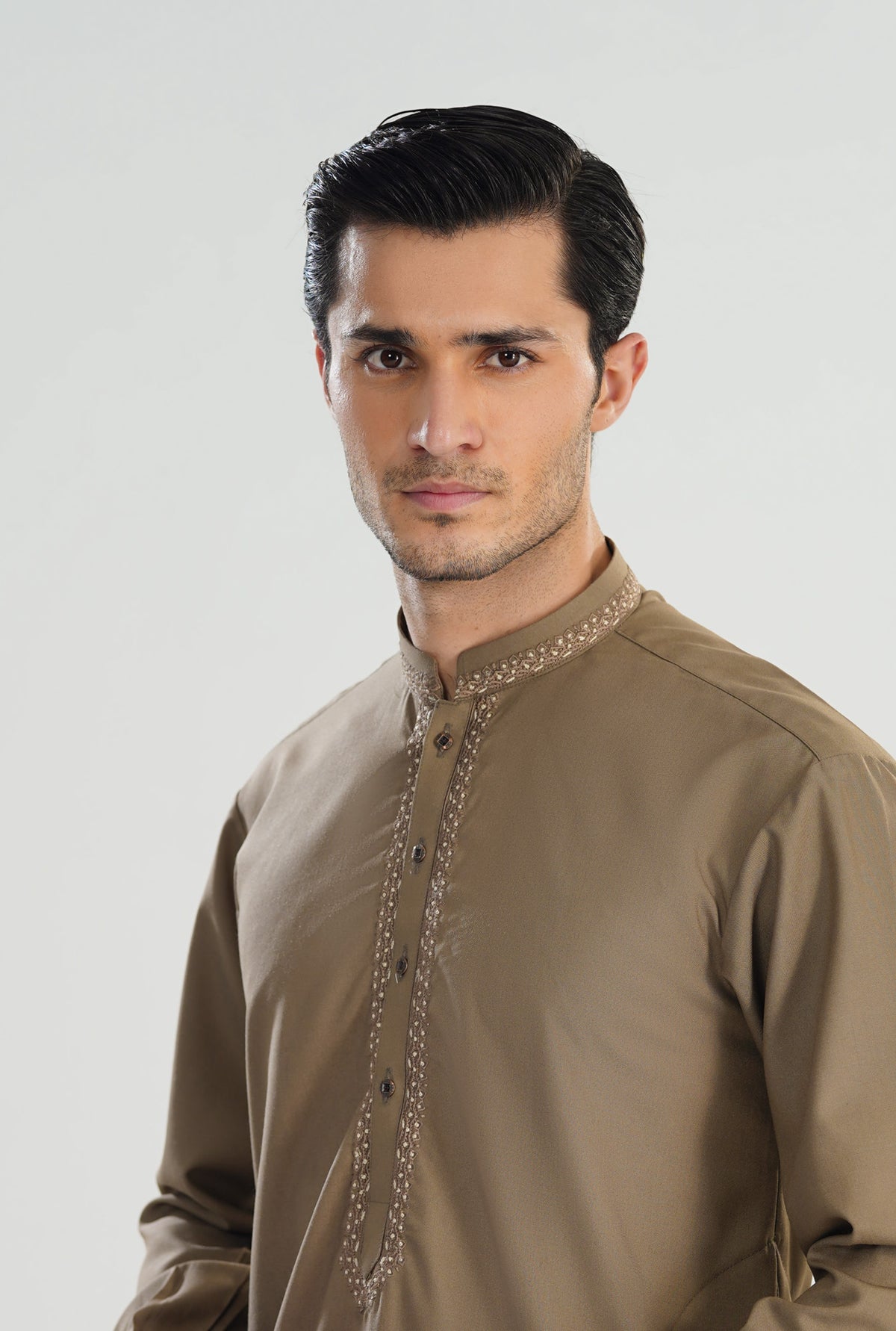 Formal Sand Beige Kurta Shalwar - Collar Neck Embroidered - Men - Men