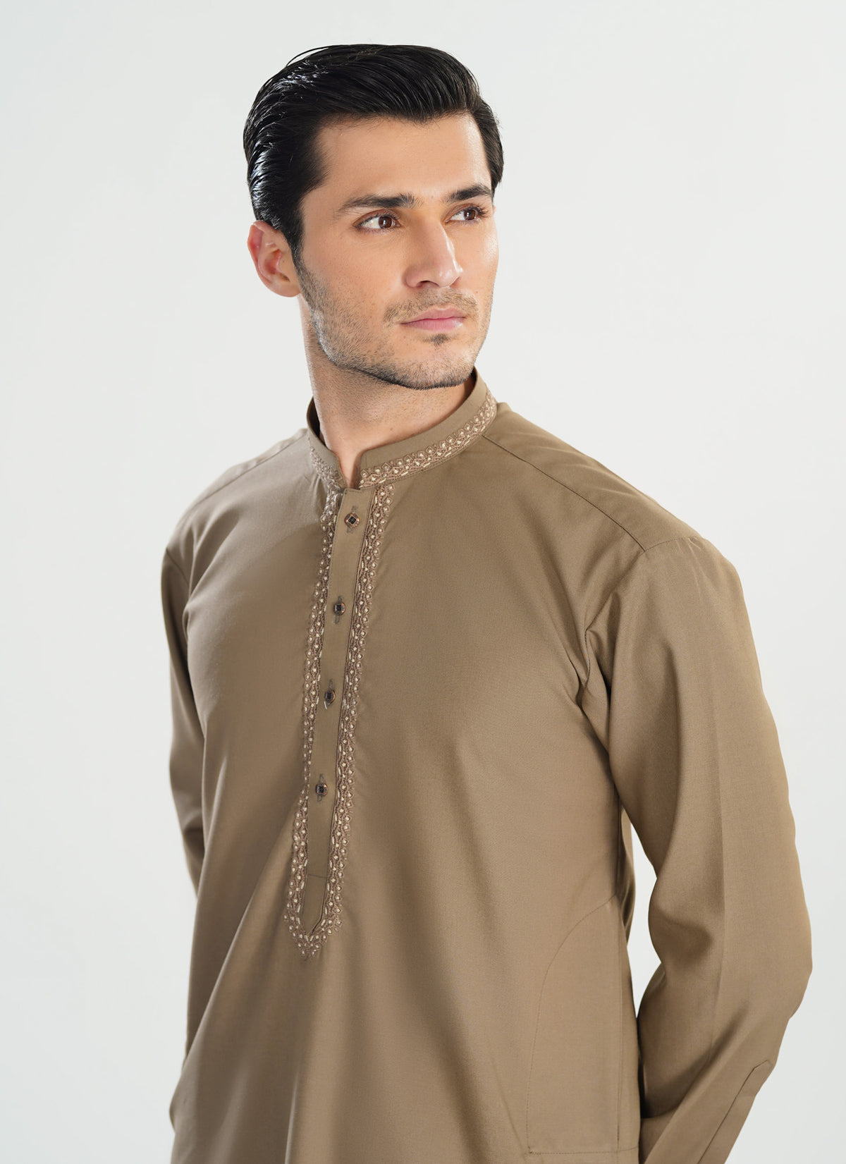 Formal Sand Beige Kurta Shalwar - Collar Neck Embroidered - Men - Men