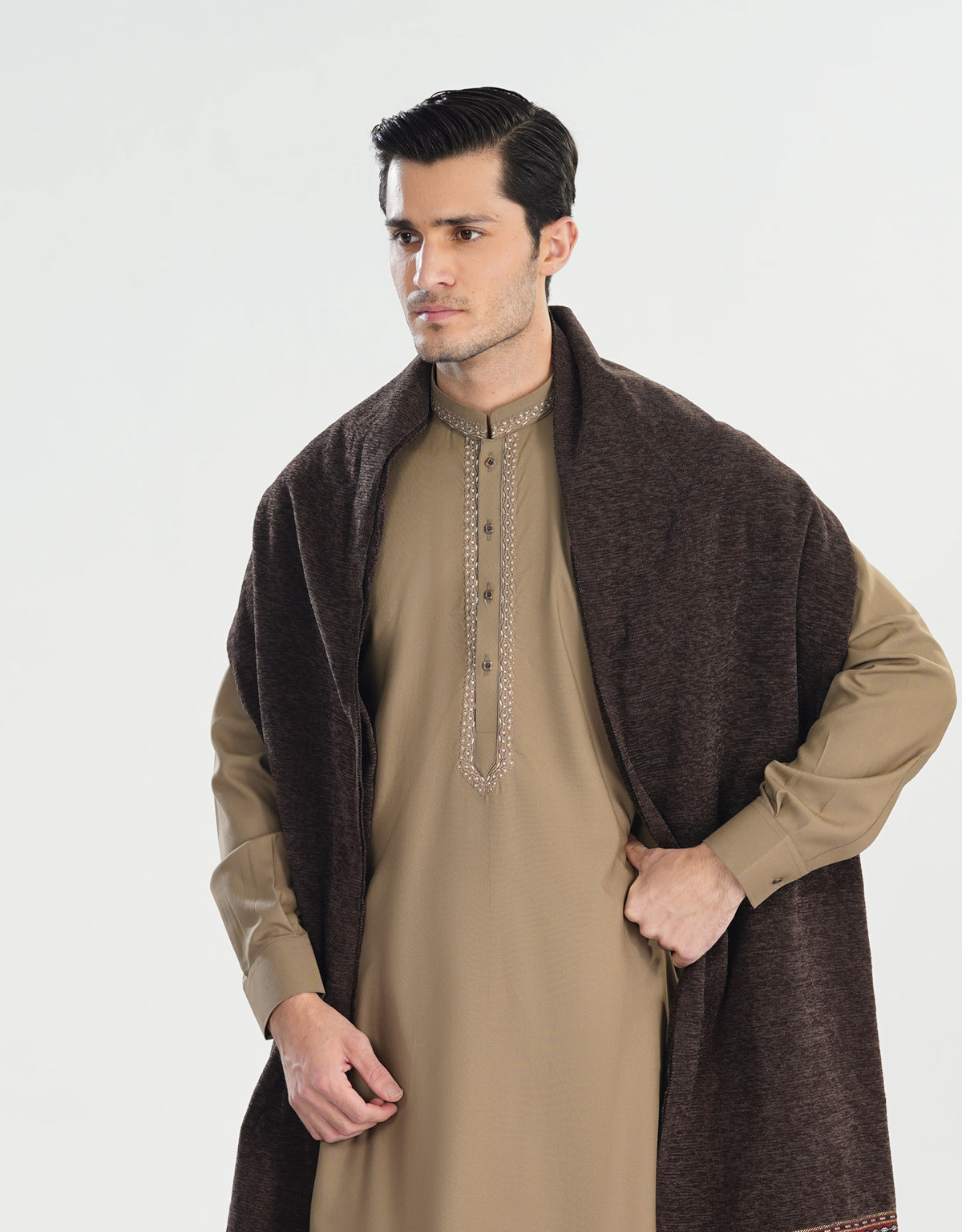 Formal Sand Beige Kurta Shalwar - Collar Neck Embroidered - Men - Men