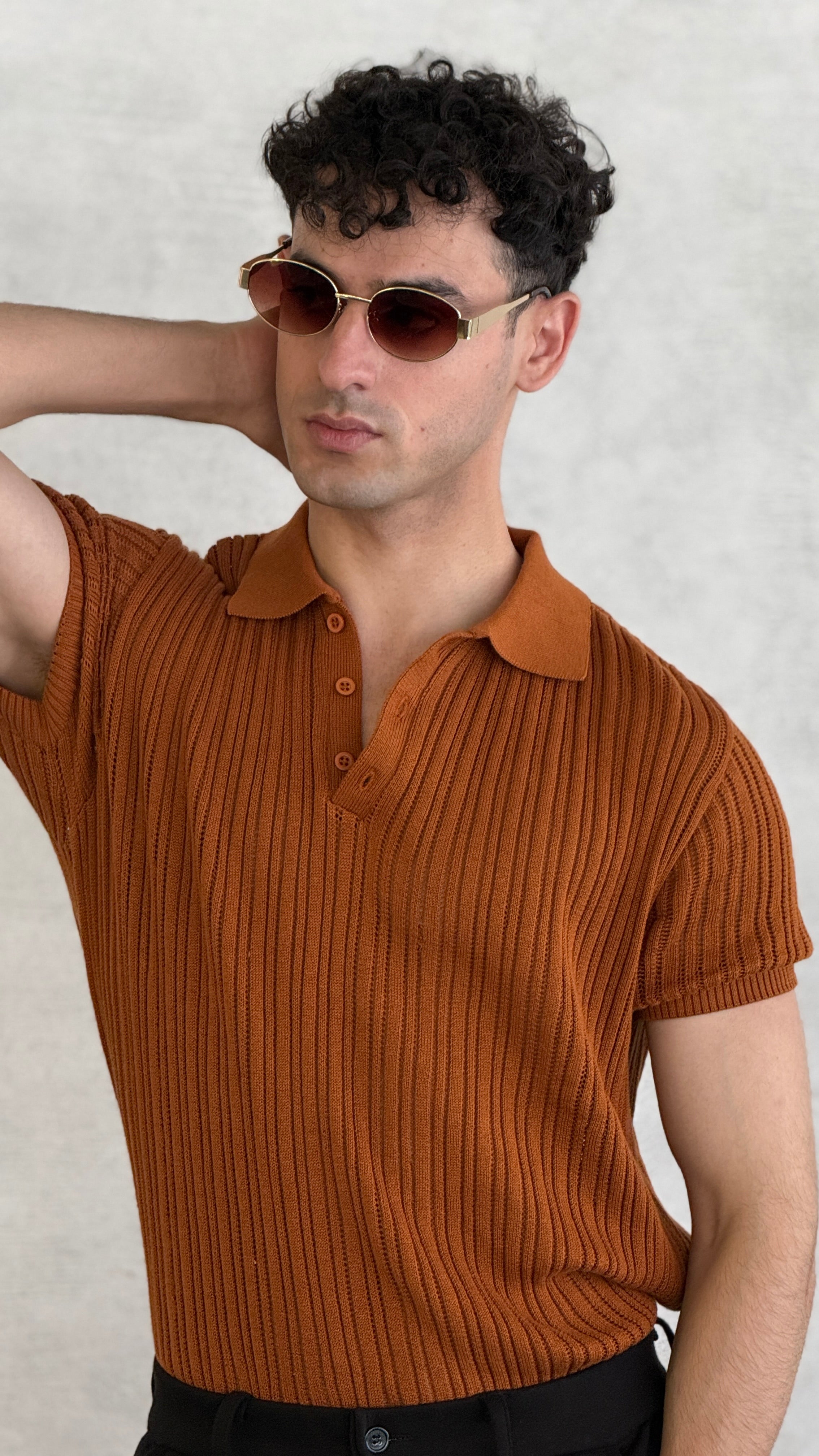 Caramel Heritage Boxy Rib Knit Polo