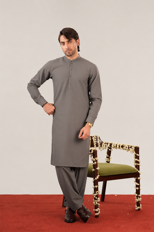Formal Sand Grey Kurta Shalwar - Collar Neck Embroidered - Men