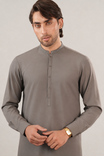 Formal Sand Grey Kurta Shalwar - Collar Neck Embroidered - Men