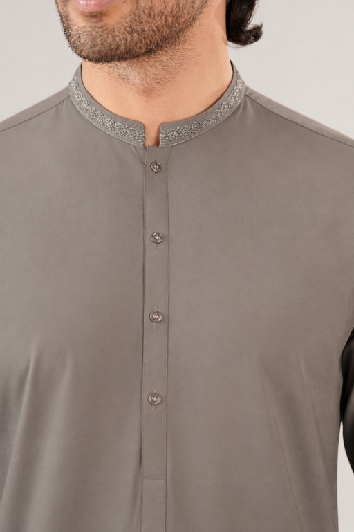 Formal Sand Grey Kurta Shalwar - Collar Neck Embroidered - Men