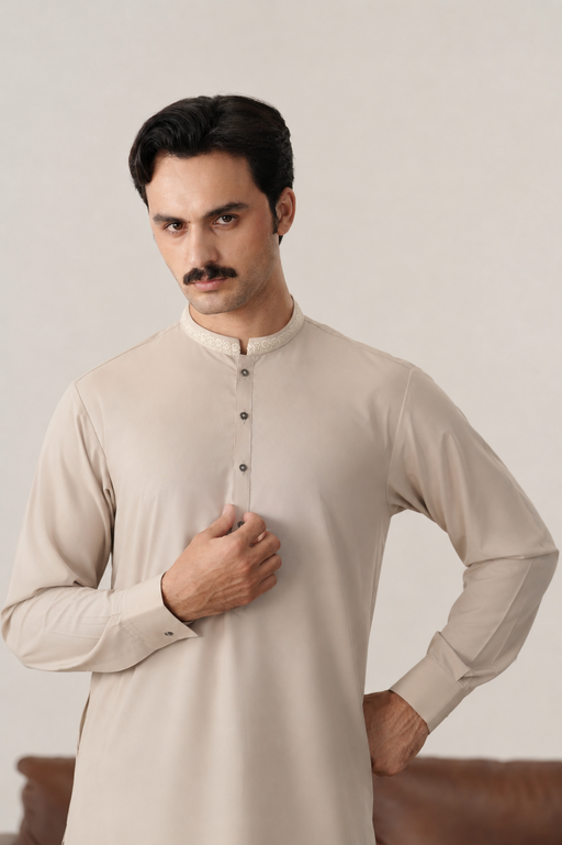Formal Ash Beige Kurta Shalwar - Collar Neck Embroidered - Men