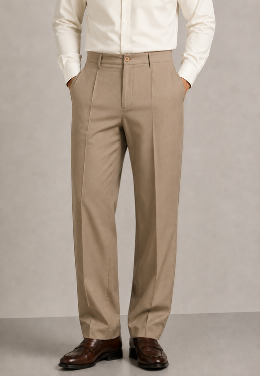 Camel Elasticated Single-Pleat Straight Dress Pants
